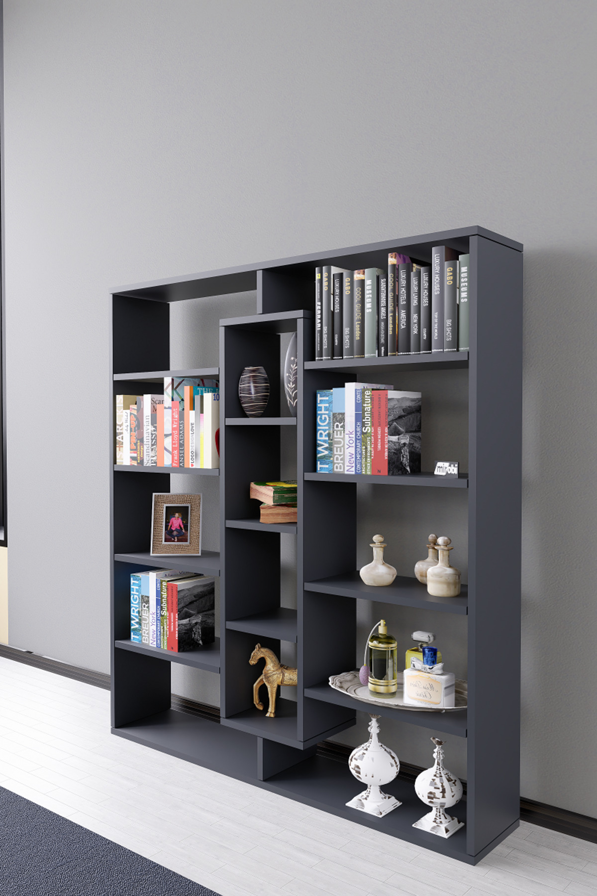Chiola 14 Compartment Decorative Open Design Bookshelf Modern Bookshelf Anthracite