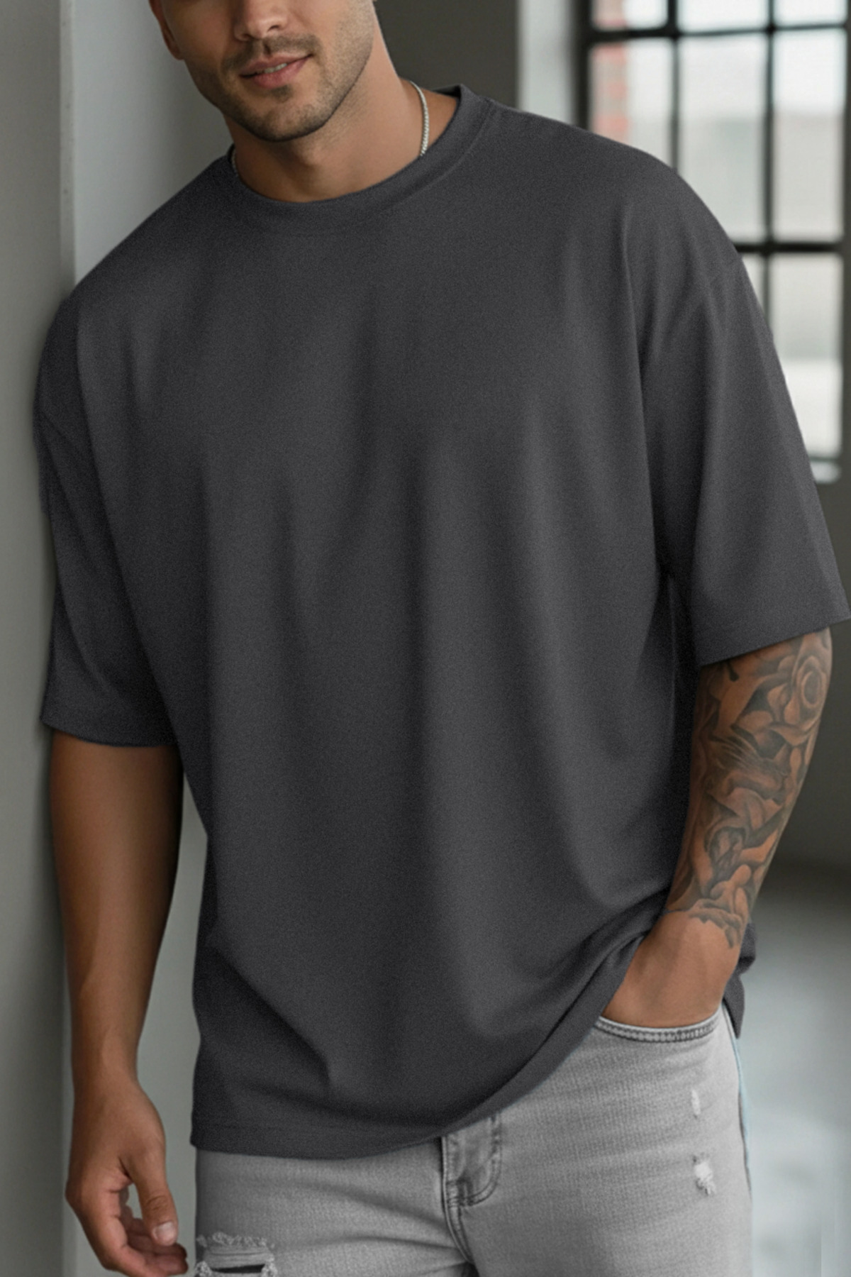 1 Pc Men Smoked Crew Neck Plain Basic Unprinted Oversize Salas Loose Fit T-shirt