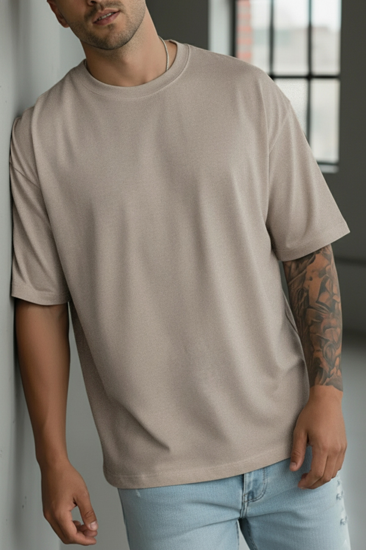 1 Men's Camel Milk Coffee Basic Plain Unprinted Oversize Salas Loose Fit T-shirt
