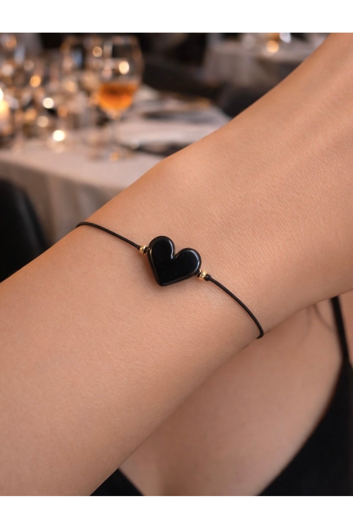 Black Heart Glass Murano Black String Bracelet