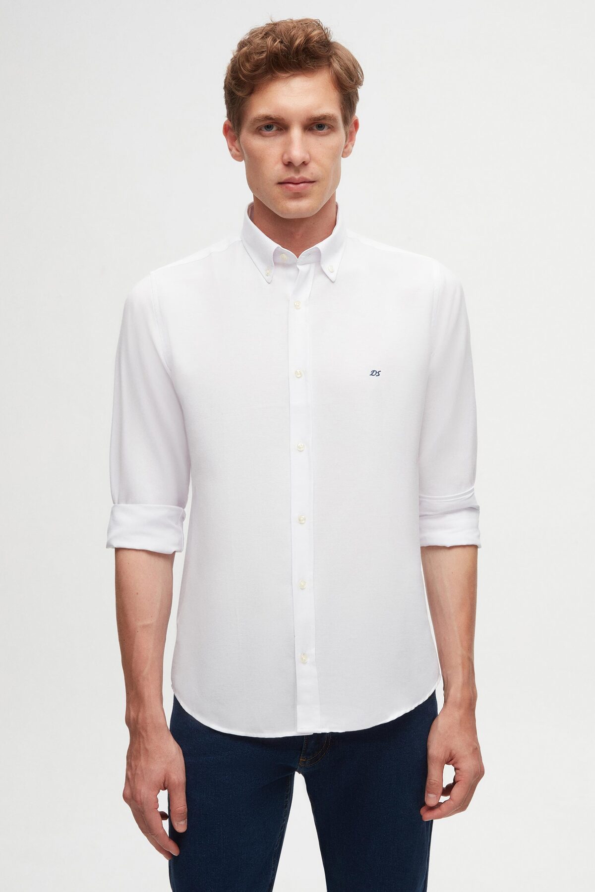 D'S Damat  Ds Damat Slim Fit Beyaz Oxford Düğmeli Yaka Kolay Ütülenebilir Nakış Detaylı Pamuklu Gömlek - Görsel 8