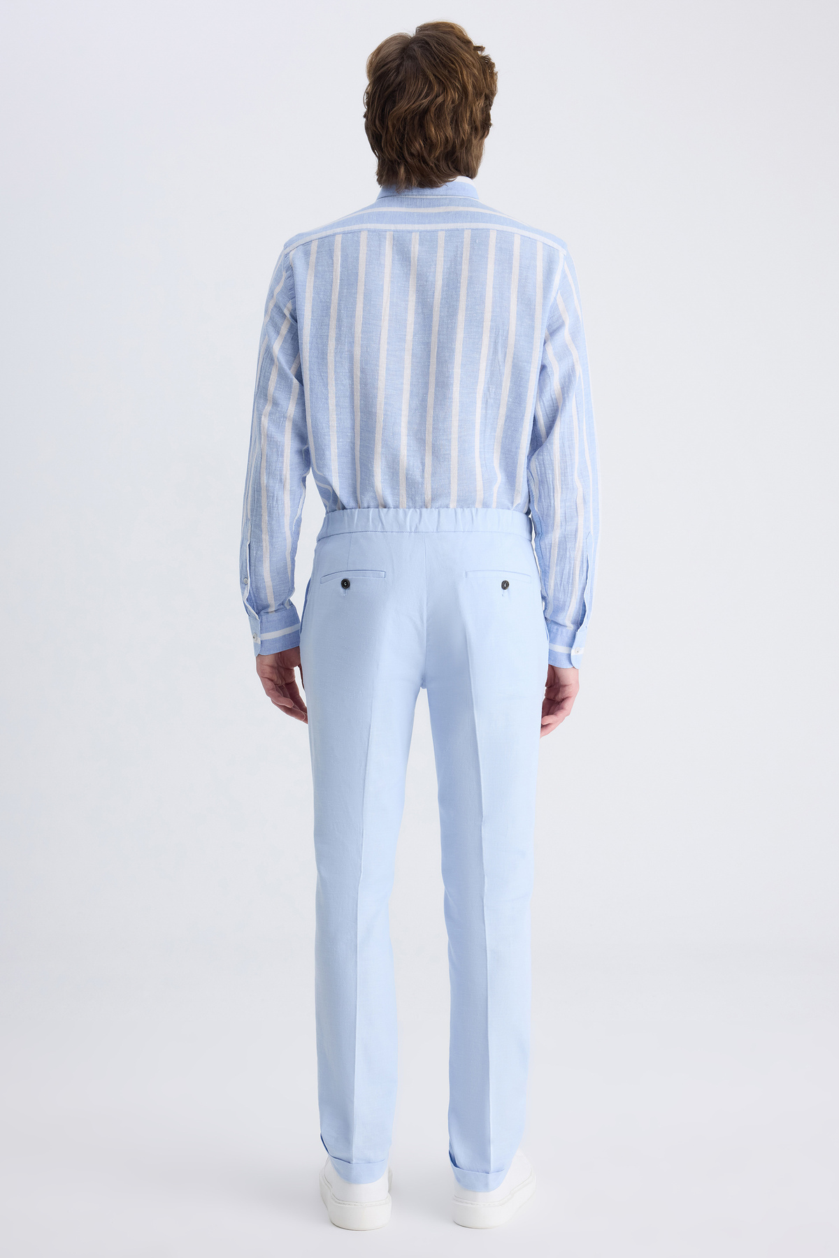 TWN  Slim Fit Mavi Armürlü Keten Karışımlı Jogger Pantolon - Görsel 7