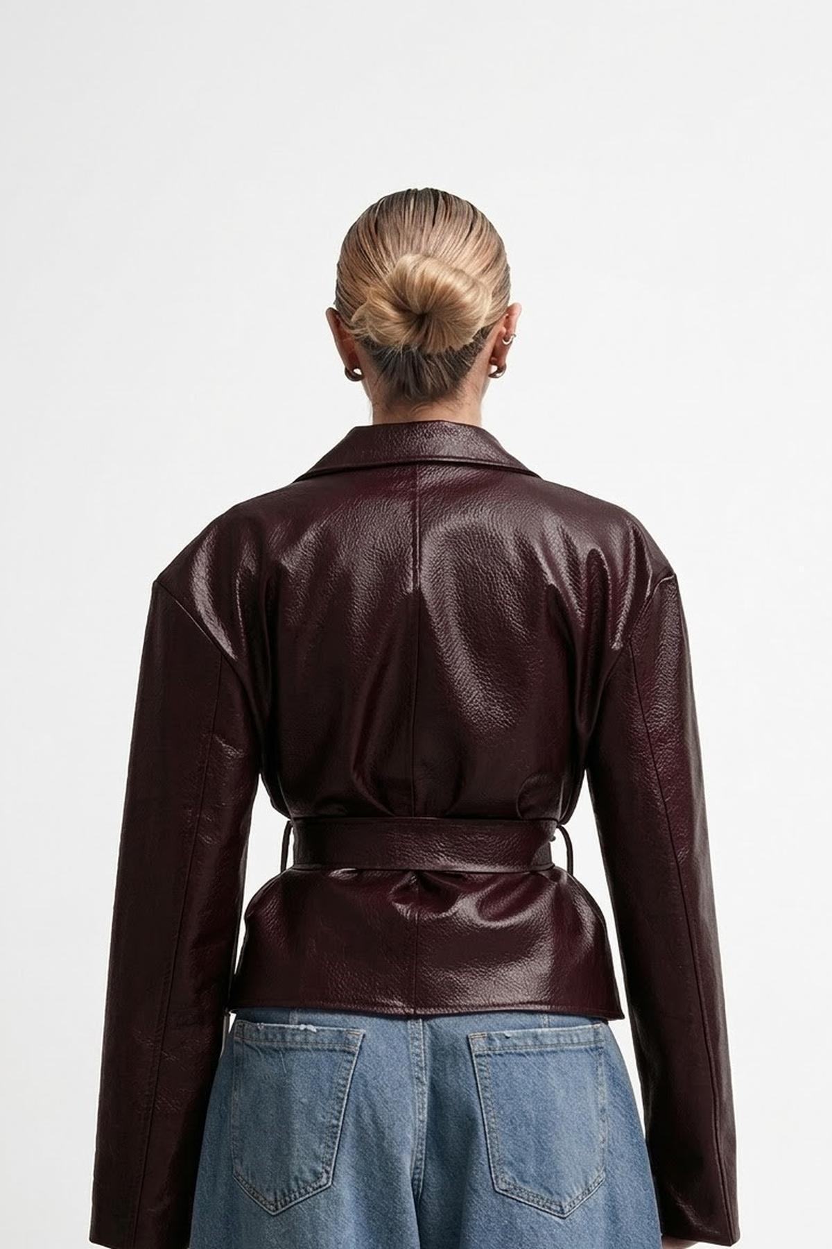 Jaglion  New Season Kruvaze Kuşaklı Düğmeli Deri Ceket - Görsel 2