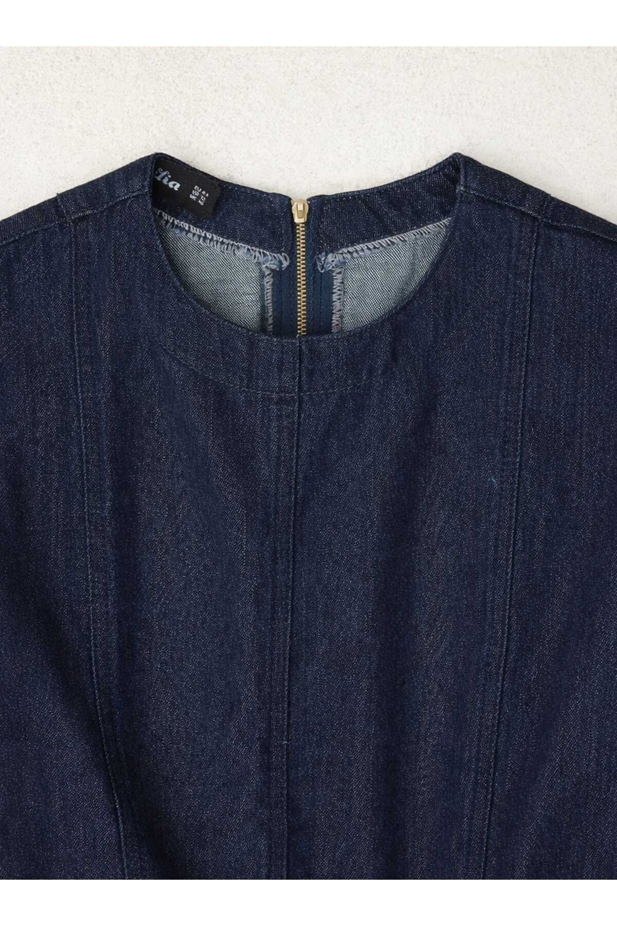 Alia  Kuşak Detaylı Denim Büyük Beden Elbise - Koyu Lacivert - - Görsel 4