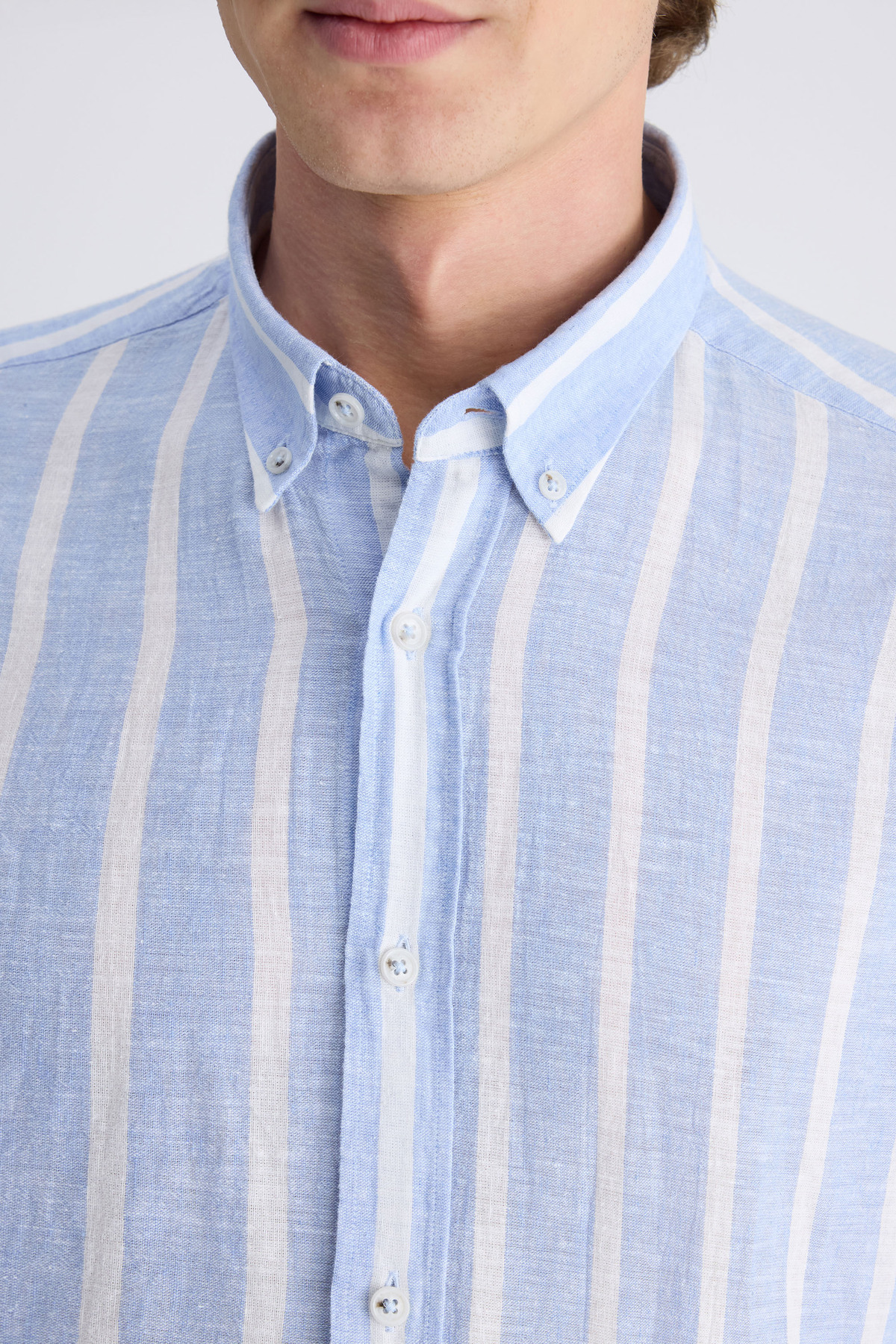 Ds Damat Comfort Mavi Çizgi Desenli Keten Karışımlı Gömlek — آبی 4HC02KY042652 — تصویر 2 از 6