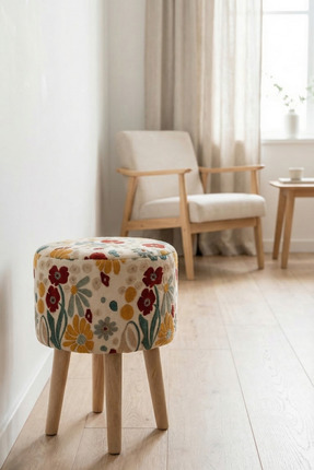 MEFAKS TEKSTİL Yuvarlak Dijital Baskılı Ahşap Ayaklı Puf, Tabure Salon & Otur...