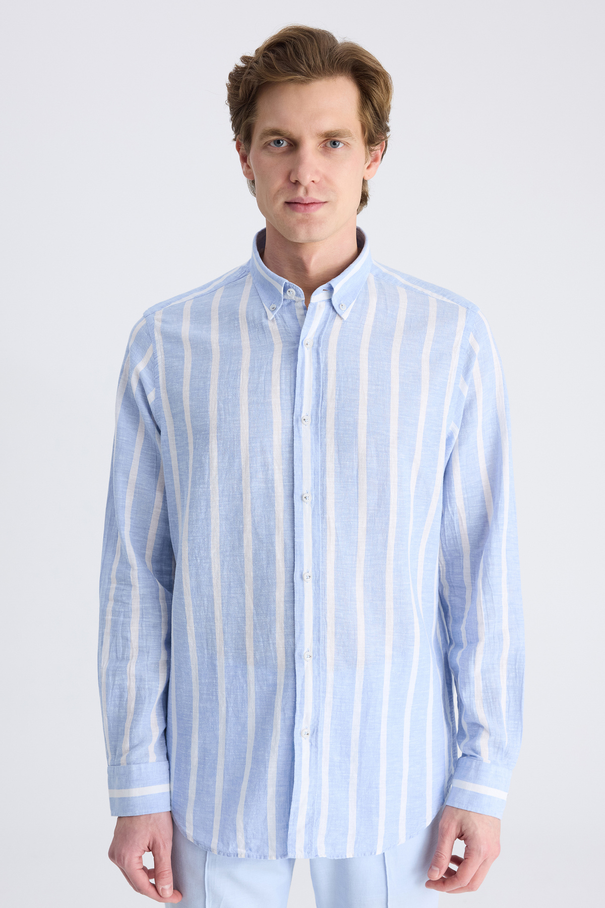 D'S Damat Ds Damat Comfort Mavi Çizgi Desenli Keten Karışımlı Gömlek — آبی 4HC02KY042652