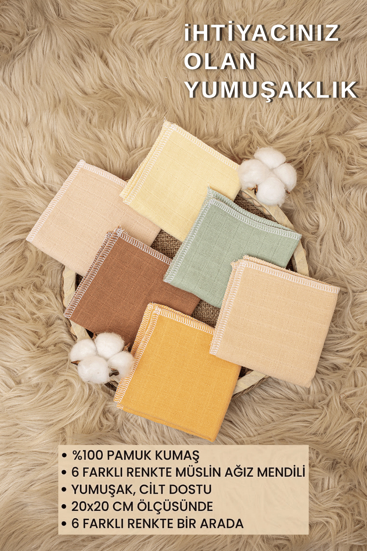 LUCKKA 6'lı Müslin Ağız Mendili , Ter Bezi Çift Kat Dikimli - 20x20 - Zt0011 fotoğrafı 2 (önizleme)