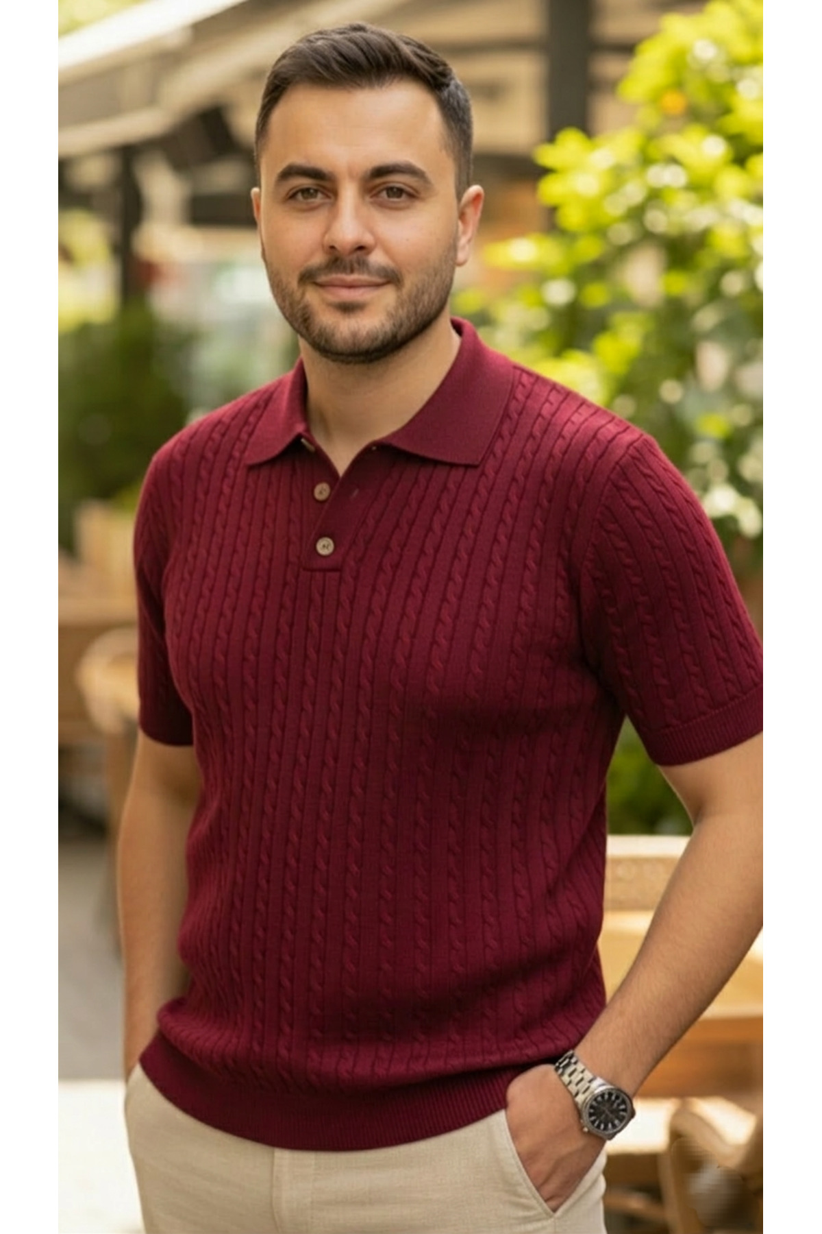 JAKC WAYS Non-Sweating Burgundy Knit Polo Neck T-shirt