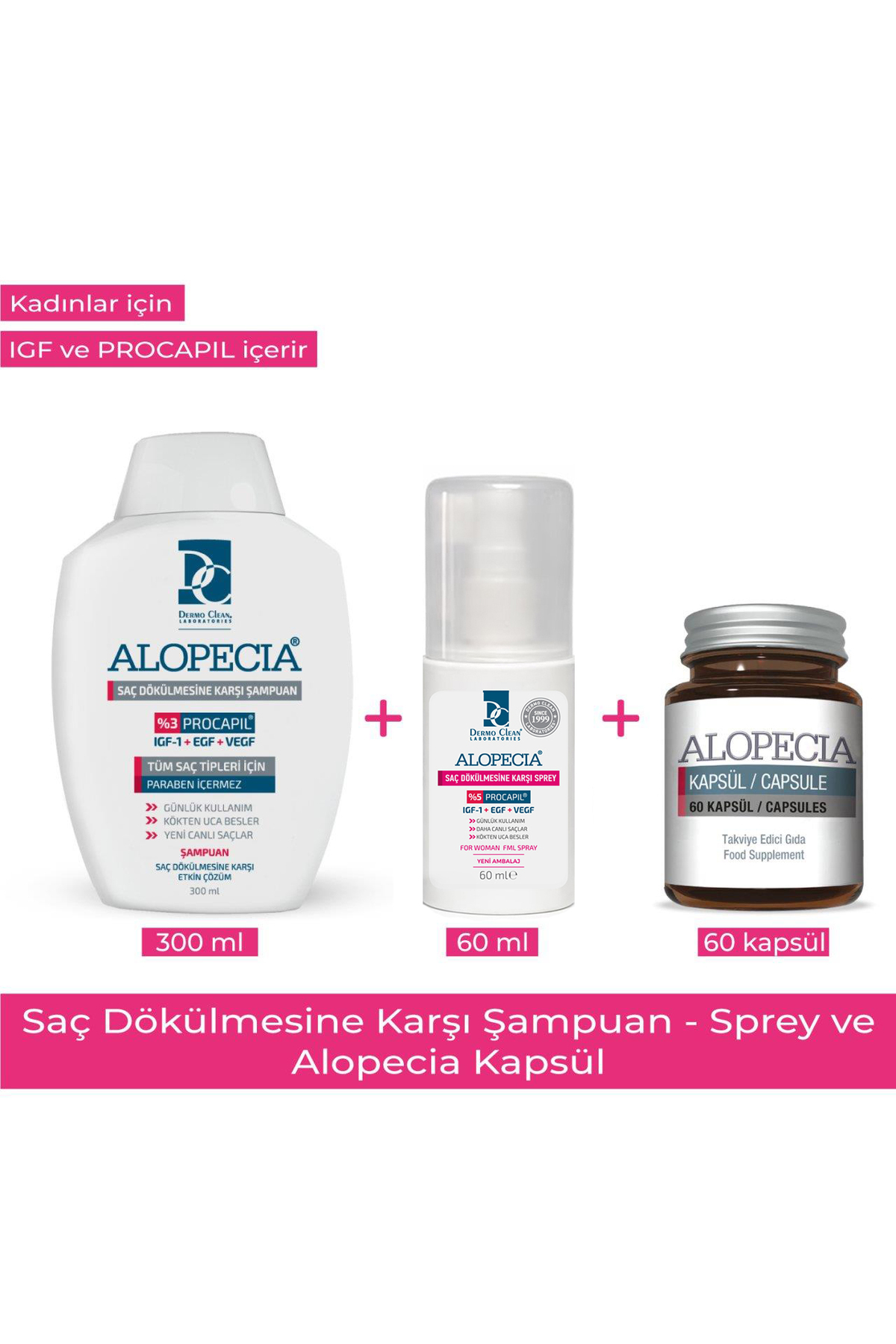 Alopecia Kadın Procapil Ve Igf Içerikli Saç Dökülmesine Karşı Şampuan & Sprey & 60 Kapsül Seti — 153.01.197