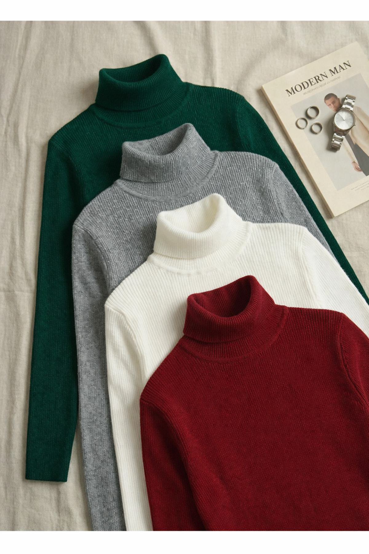 Trendy Mall  4lü Siyah Beyaz Bej Gri Boğazlı Kazak Mevsimlik Kurtarıcı Parça Pamuklu Balıkçı Yaka Slimfit - Görsel 8