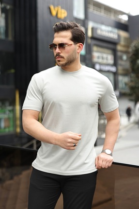 NERA GİYİM Oversize Bisiklet Yaka Tişört Yumuşak Nefes Alabilen Kumaş-Gri
