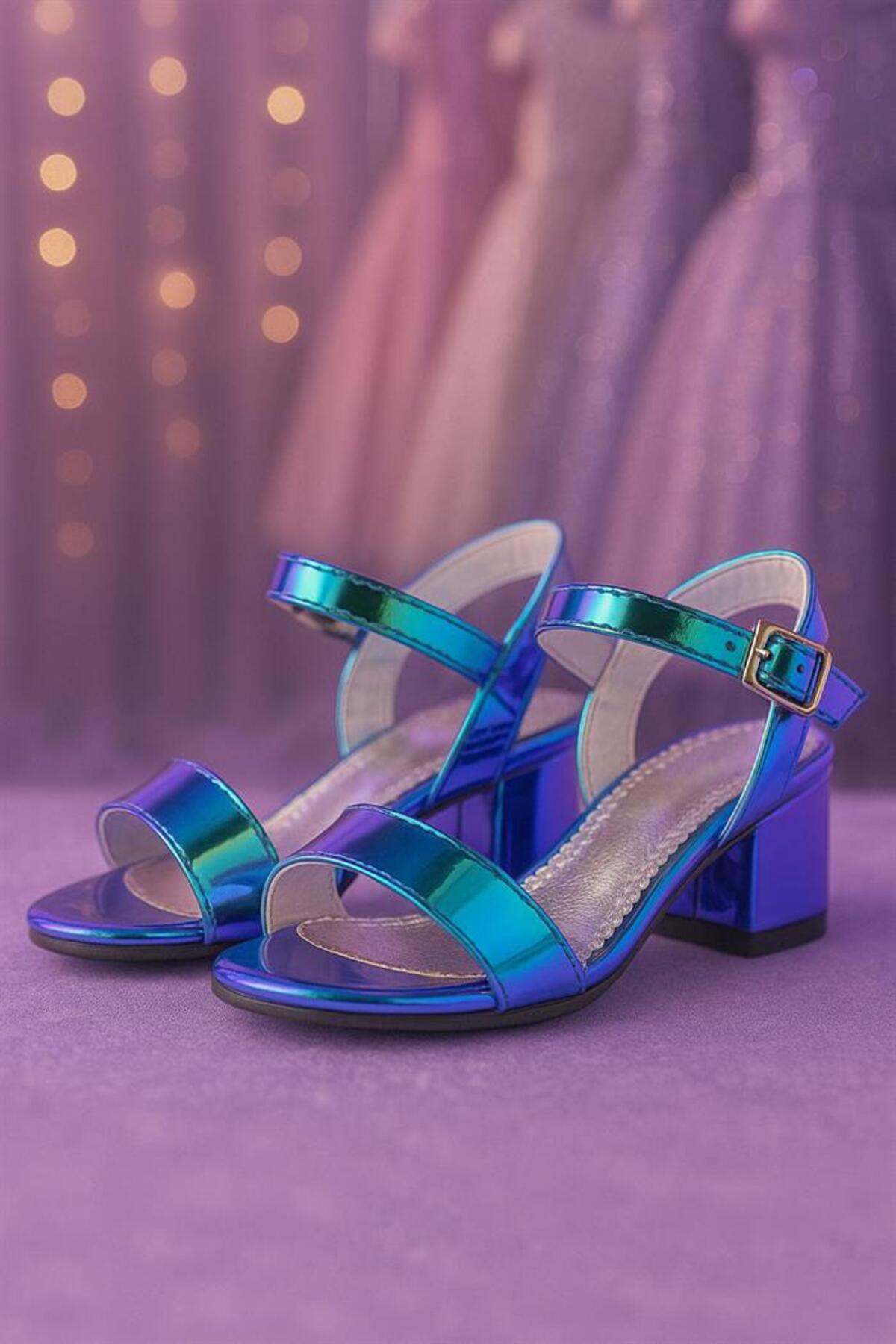 Pony Hologram Purple-Green Thick Heels Girls Evening Shoes
