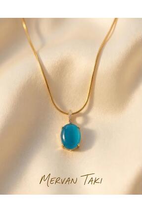 MERVAN TAKI Altın Renk Çelik Mavi Taşlı Kadın Kolye