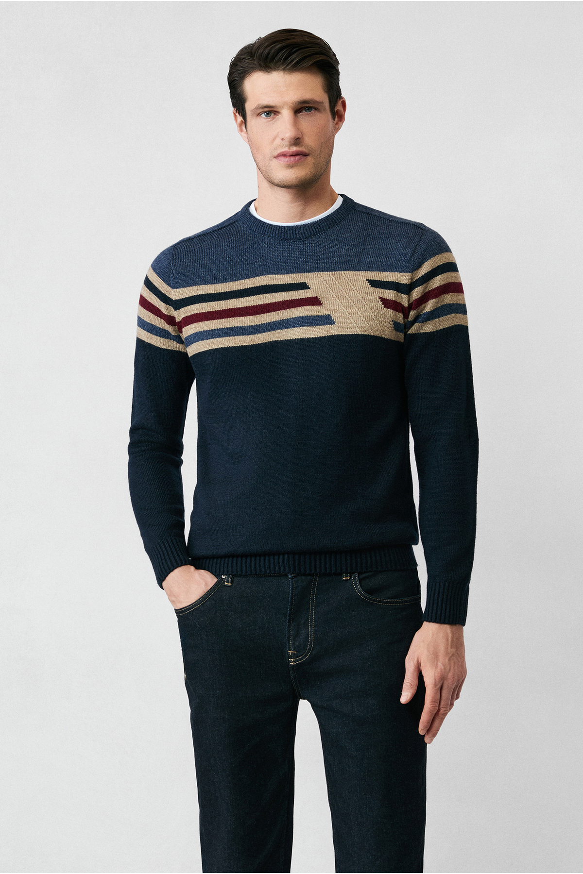 Kiğılı  Bisiklet Yaka Slim Fit Dar Kesim Dikişsiz Desenli Triko Kazak - Görsel 2