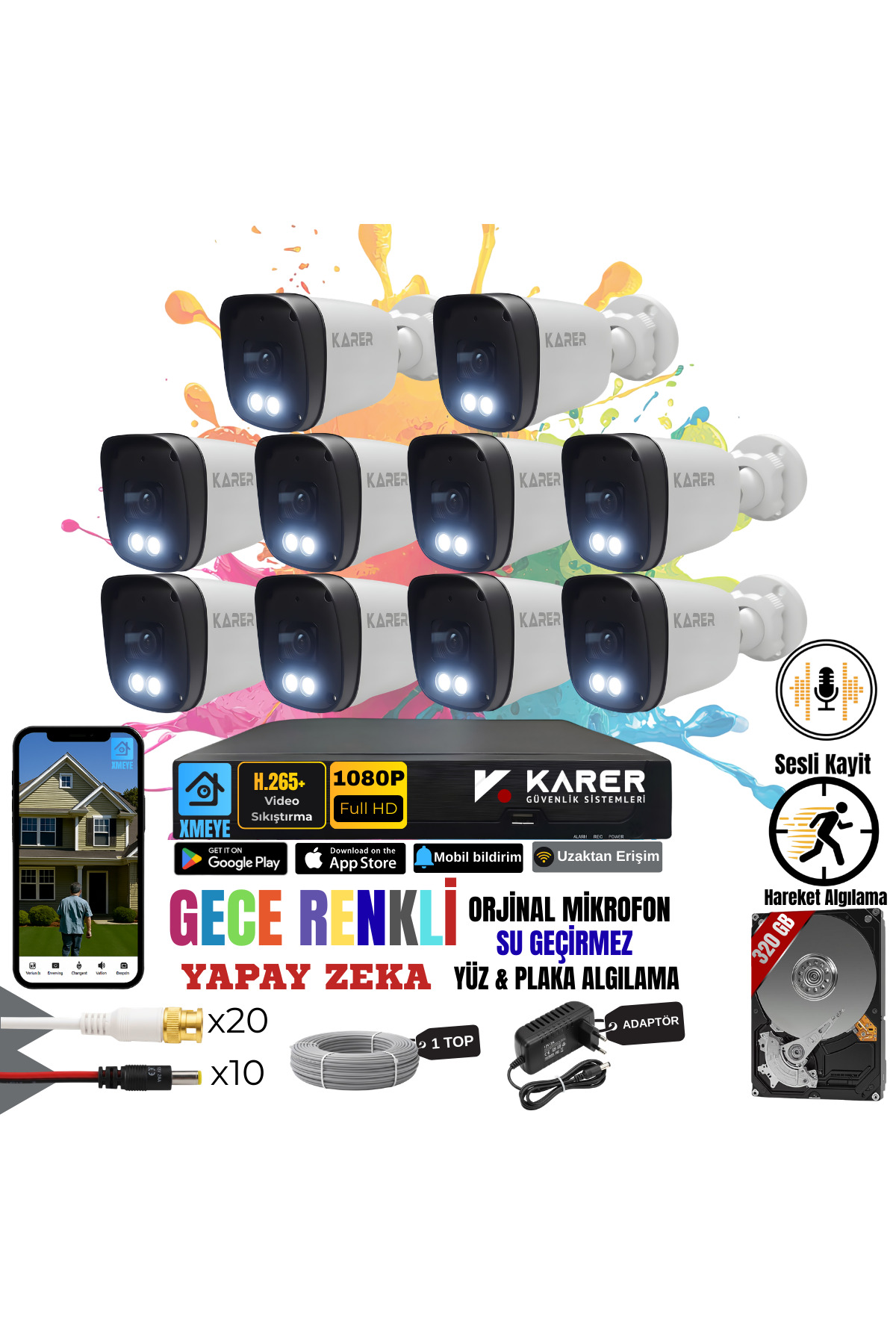 EXİTCAM 10 Kameralı Full HD Sesli AHD Güvenlik Seti – 16 Kanal DVR, 320 GB HDD, Renkli Gece Görüşü,