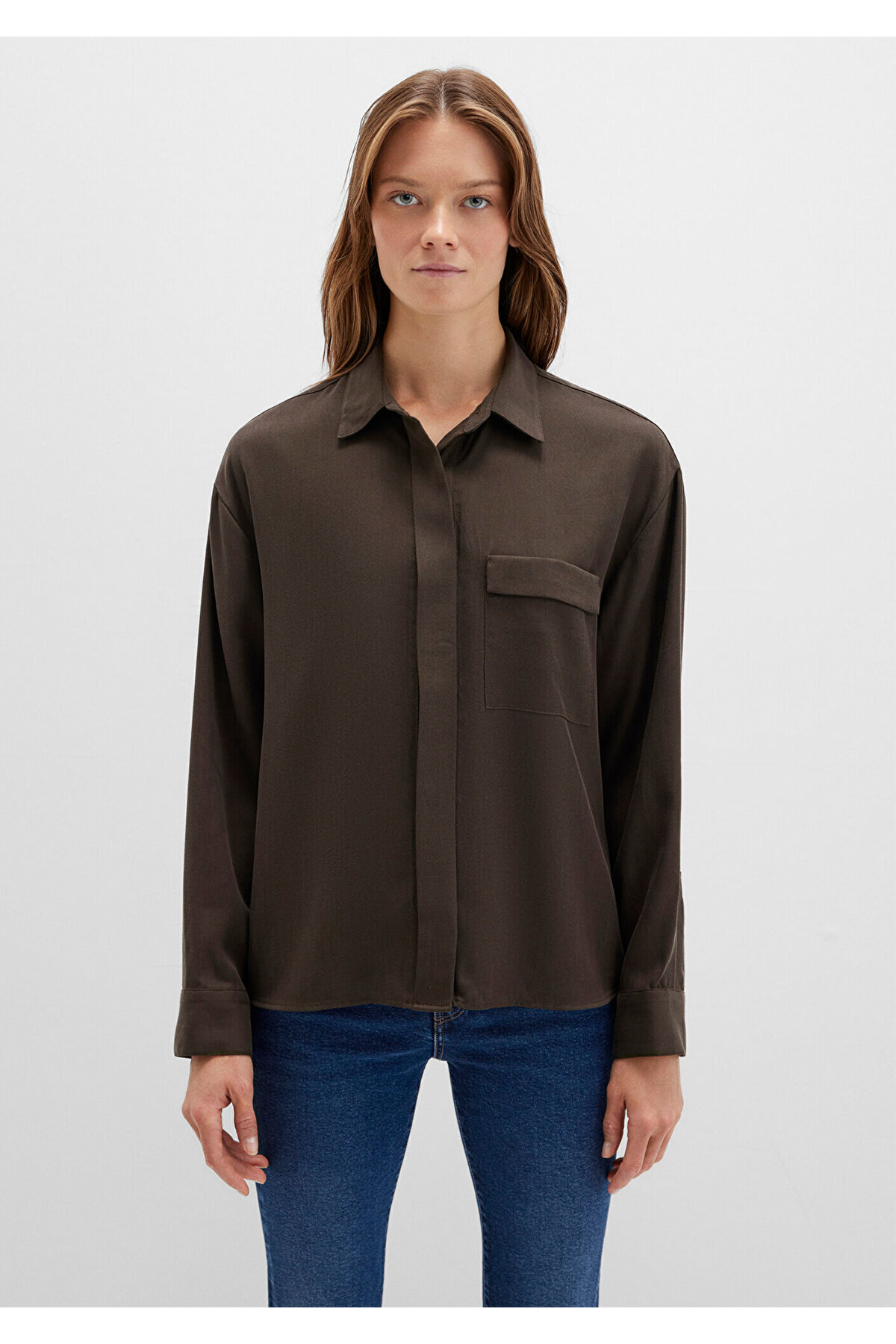 Soft-Premium Kahverengi (TENCEL™) Liyosel Gömlek Oversize / Geniş Kesim 1211354-71540 — قهوه‌ای — تصویر 4 از 7