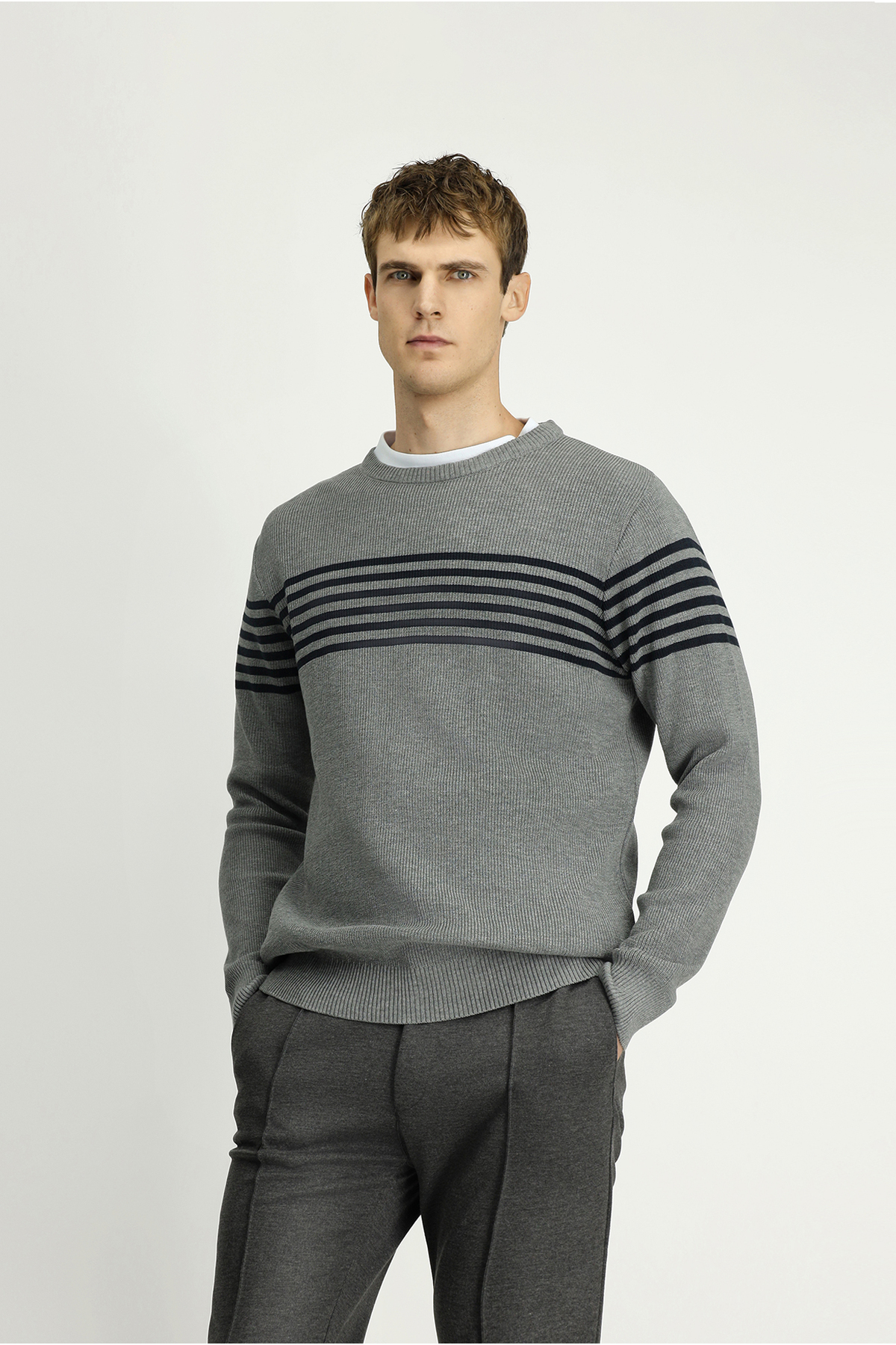 Kiğılı  Bisiklet Yaka Regular Fit Çizgili Triko Kazak - Görsel 4