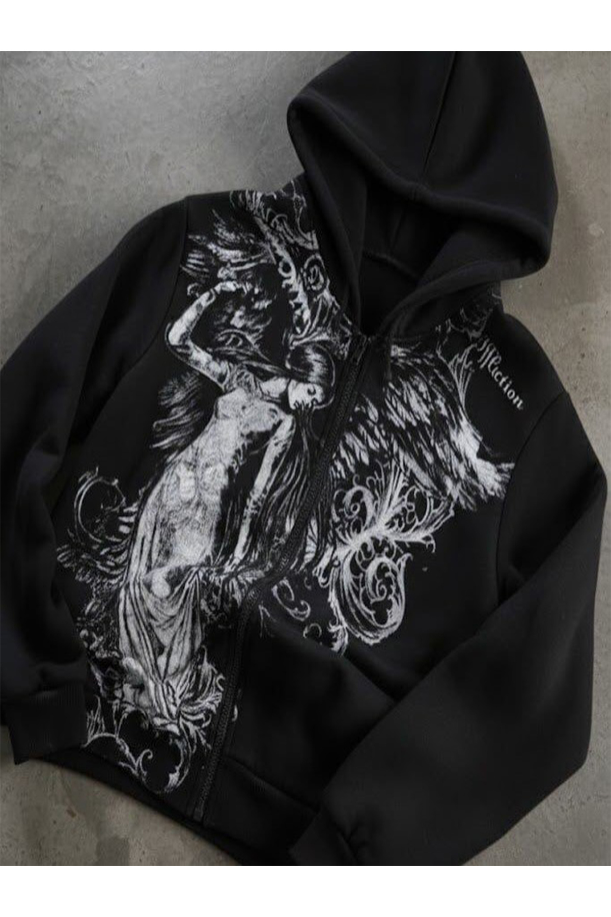 LAND MODA Siyah Vintage Angel Affliction Cyber Grunge Y2K Kapüşonlu Unisex Hırka görsel 3