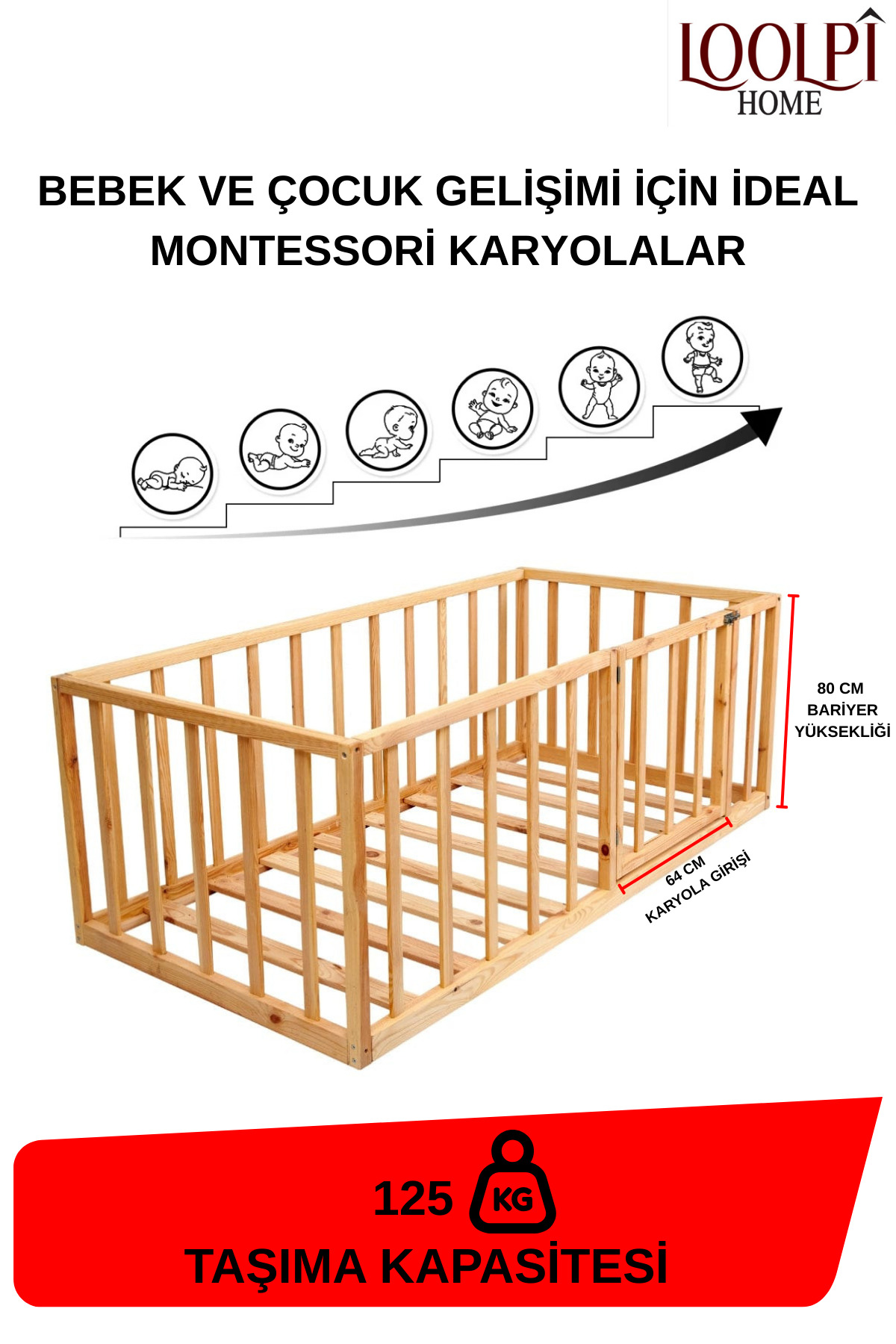 Loolpi Home Cosmo 80 cm Bariyerli Montessori Bebek ve Çocuk Karyolası Unisex Kapılı Ahşap Park Yatak fotoğrafı 7 (önizleme)