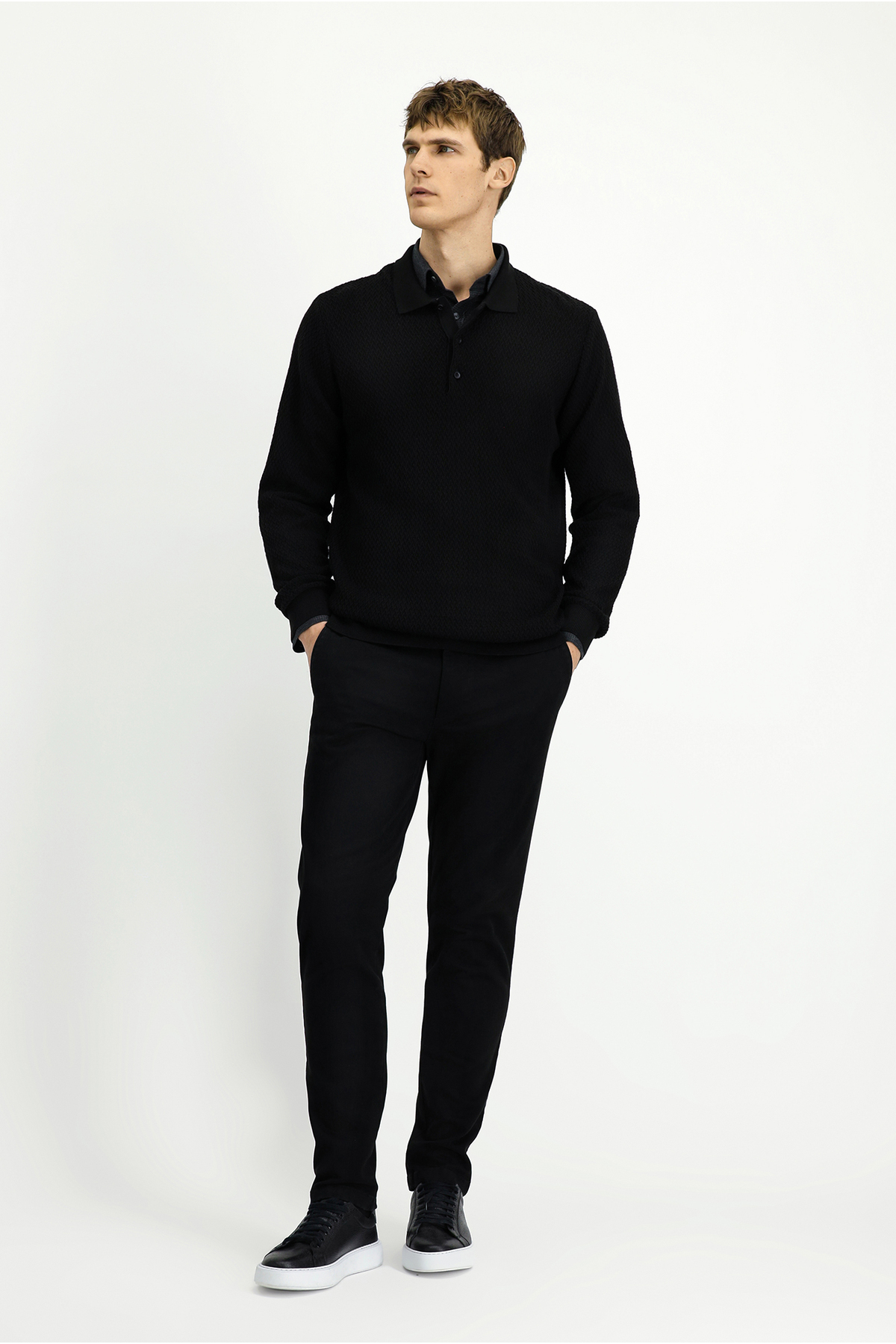 Kiğılı  Polo Yaka Regular Fit Desenli Pamuklu Triko Kazak - Görsel 3