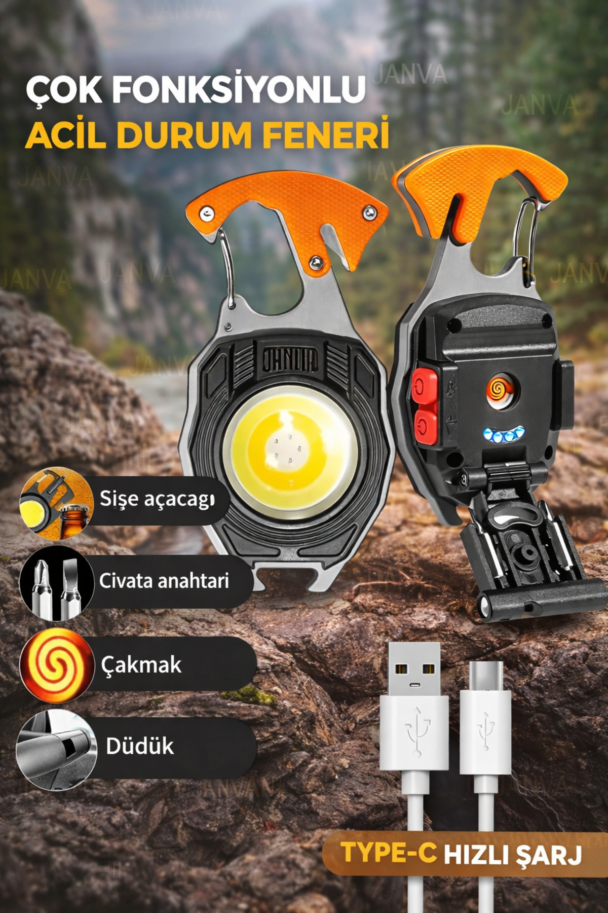 Camping Lantern Multifunctional Flashlight Keychain Usb Cigarette Lighter Glass Breaker Cutter Whistle Screwdriver Opener