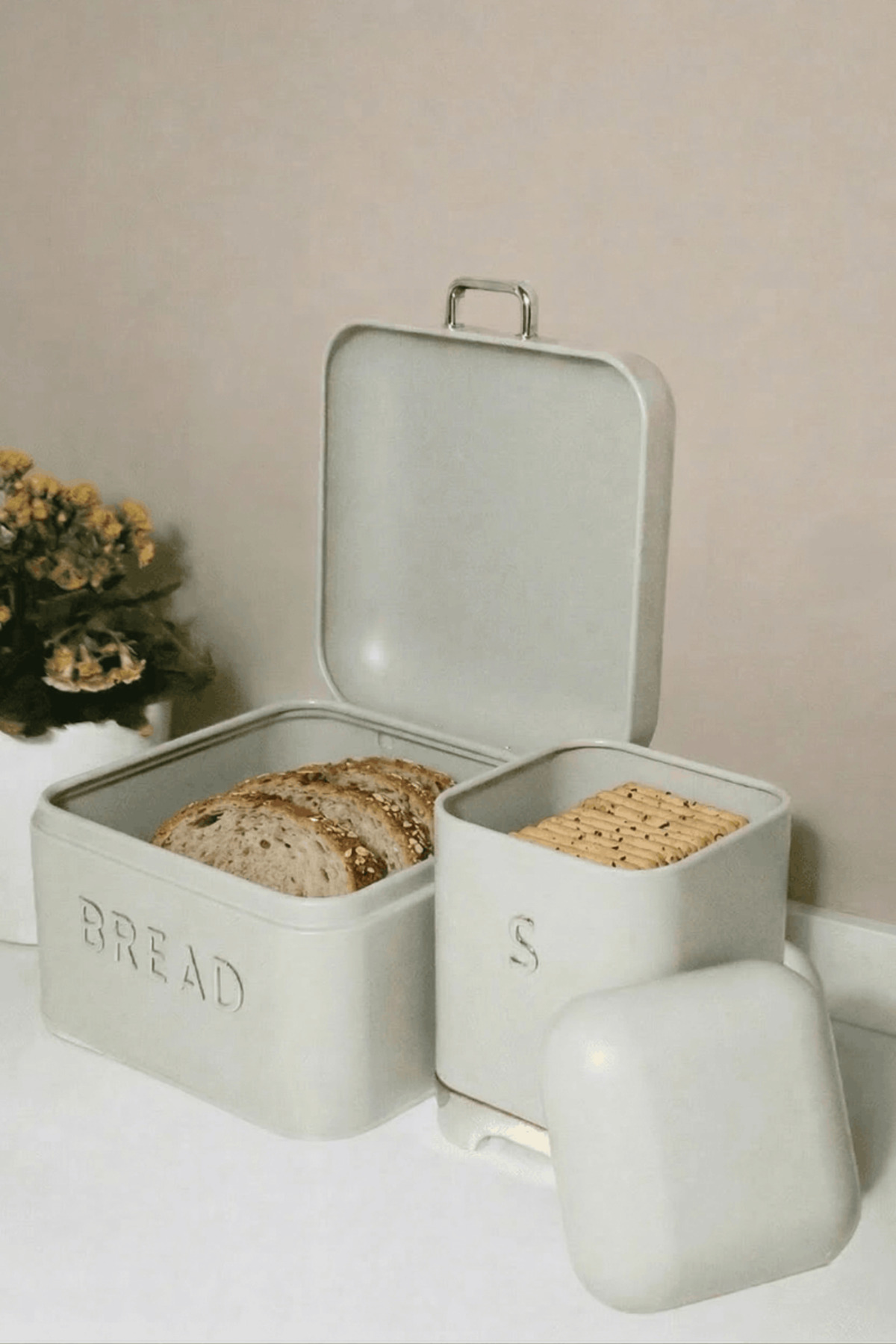 Home Light Grey Galvanized 5.6 L Bread Small Size Bread Bin - 200x140mm & 2 L Storage Box - 115x150mm Set