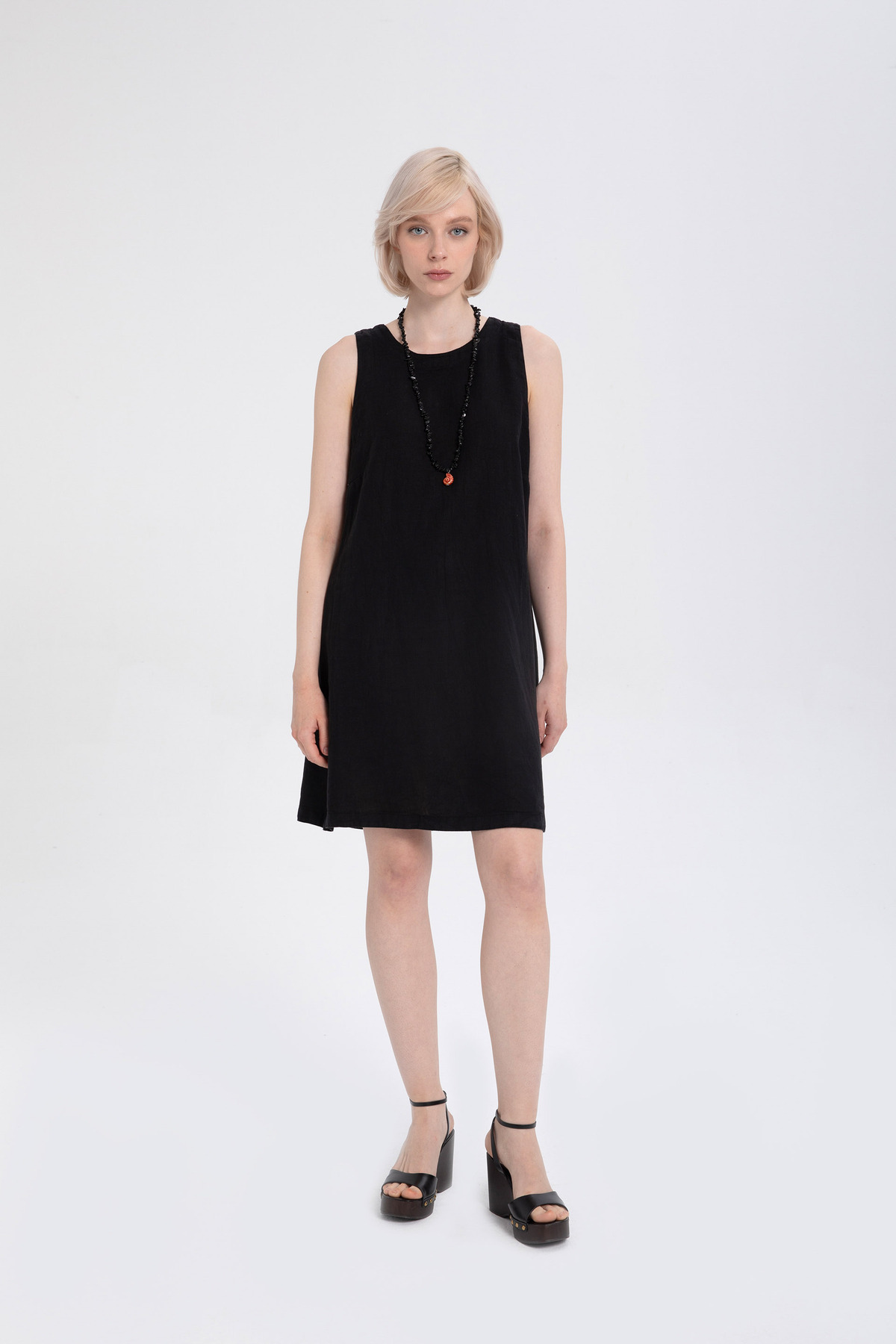 Linen Sleeveless Round Collar Dress Black