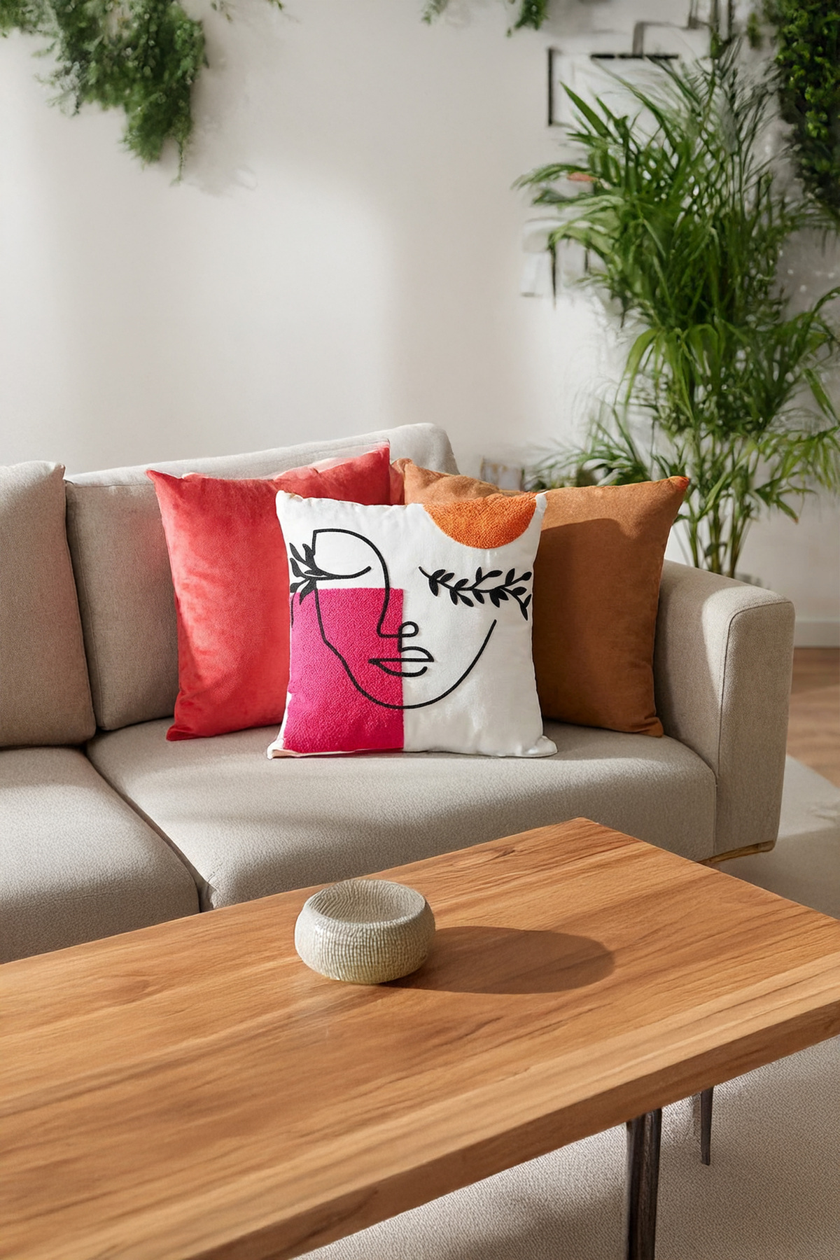 3-Piece Panorama Decorative Pillowcase – Bohemian Abstract Face Punch + Red + Orange 45x45 cm