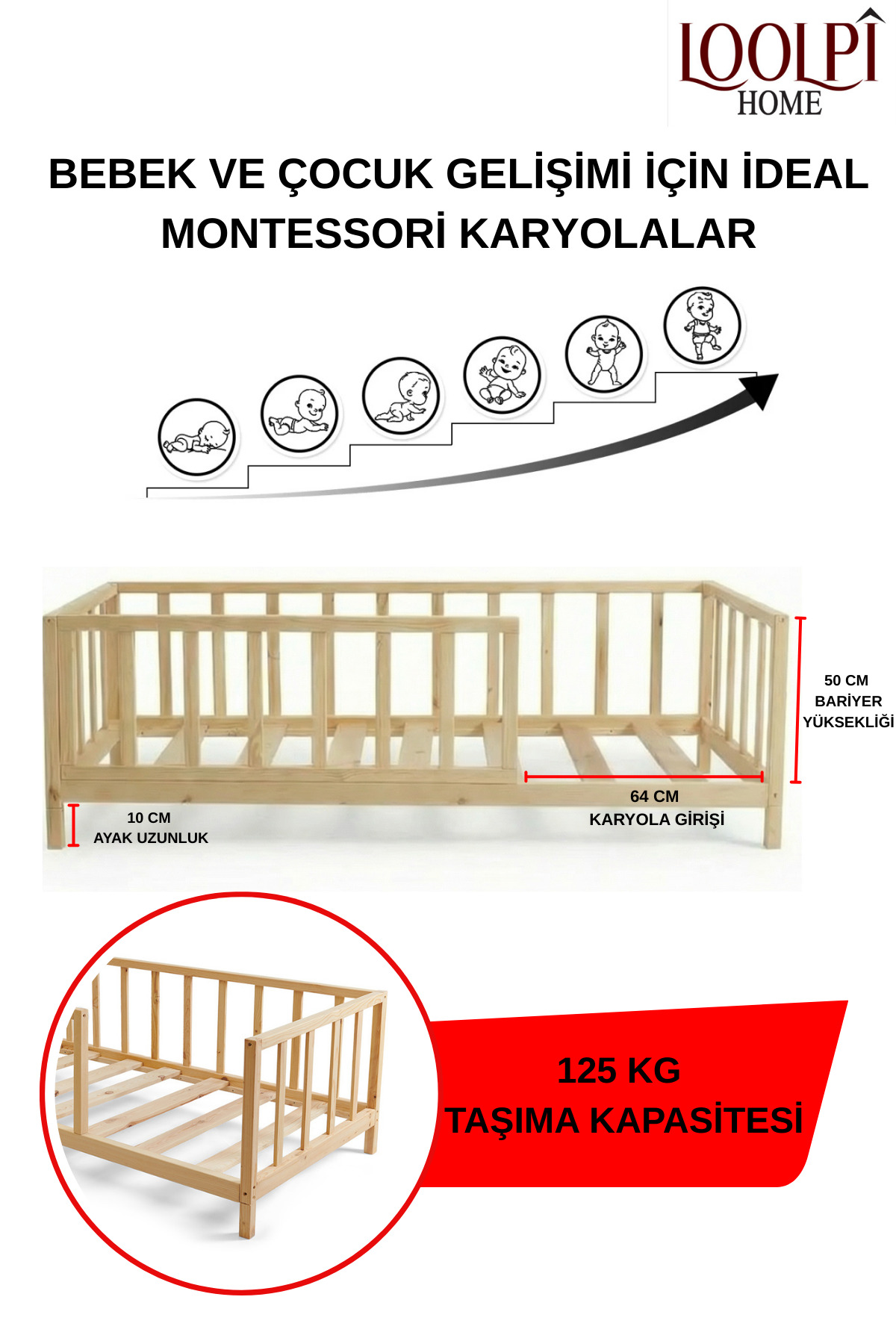 Loolpi Home Star Comfort Montessori Bebek ve Çocuk Karyolası Unisex Doğal Ahşap Yatak fotoğrafı 7 (önizleme)