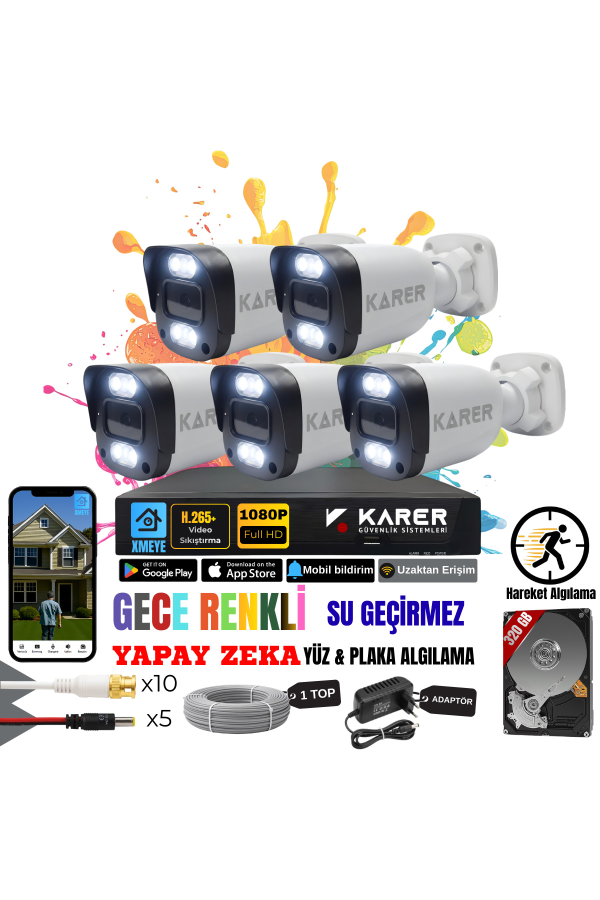 EXİTCAM 5 Kameralı Full HD AHD Güvenlik Seti – 8 Kanal DVR, 320 GB HDD, Renkli Gece Görüşü, Yüz ve A