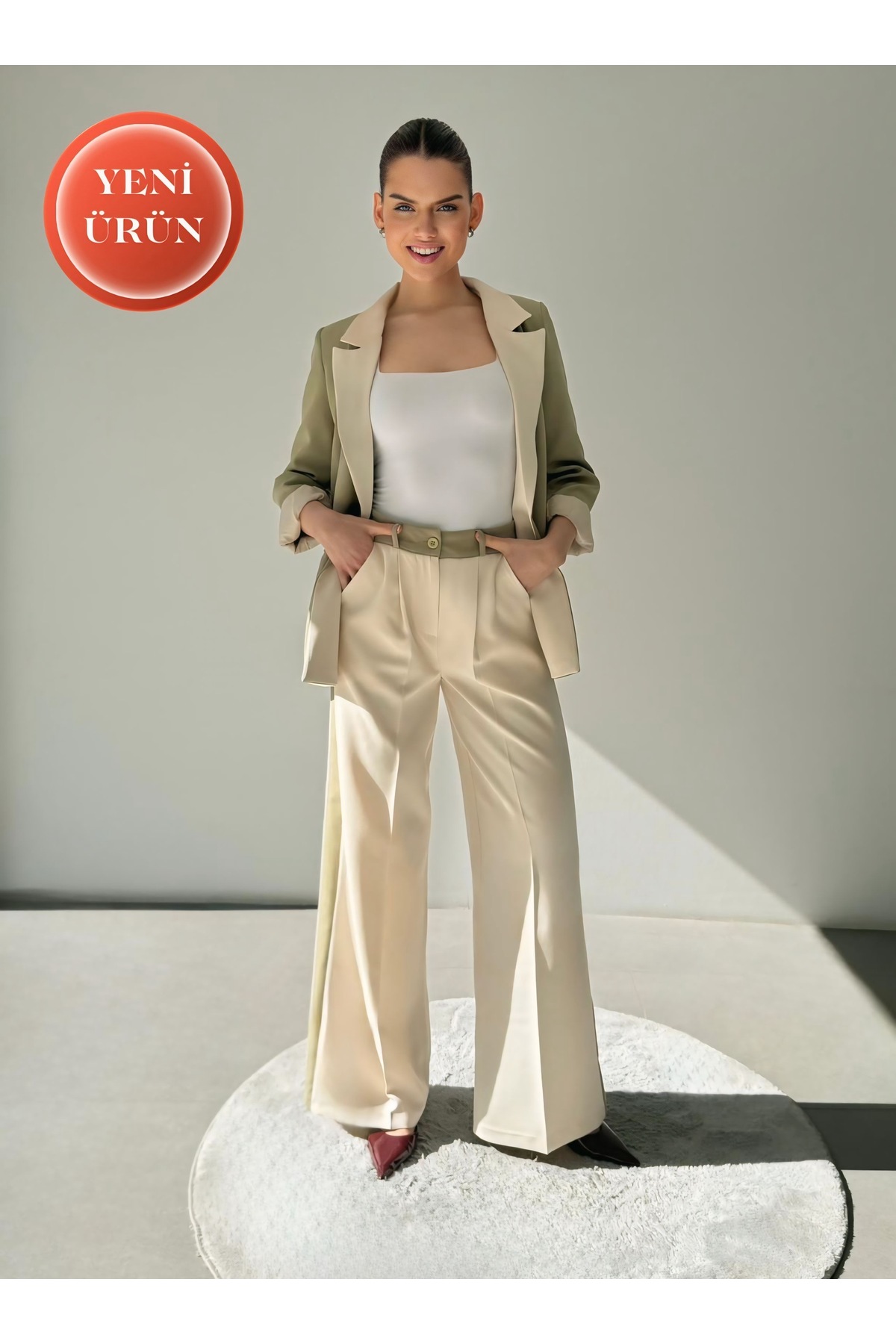 Contrast Color Garnish Blazer Jacket Palazzo Pants Cream - Women's Light Khaki Suit