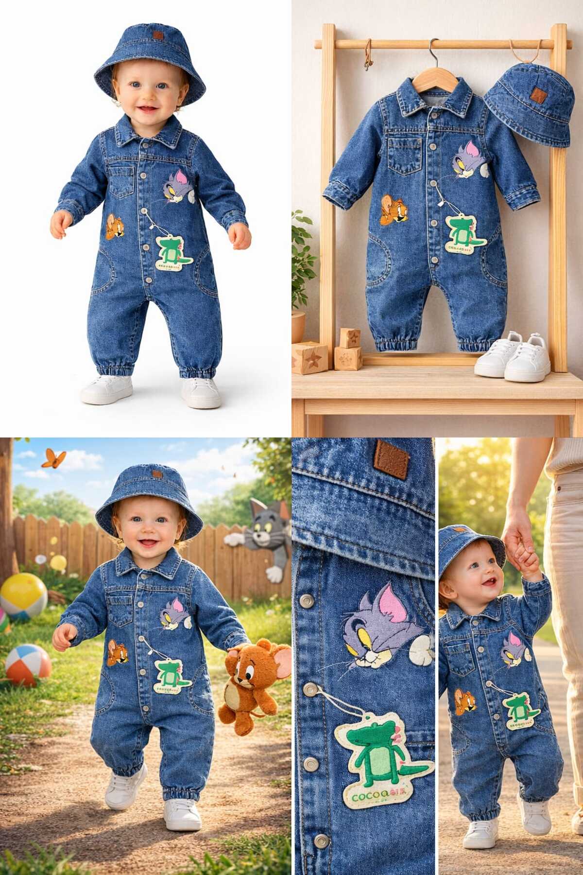 CROCODAYS Unisex Çocuk Bebek Kot (JEANS) Baskılı Şapkalı Tulum (3/6/9/12/18) Ay fotoğrafı 6 (önizleme)