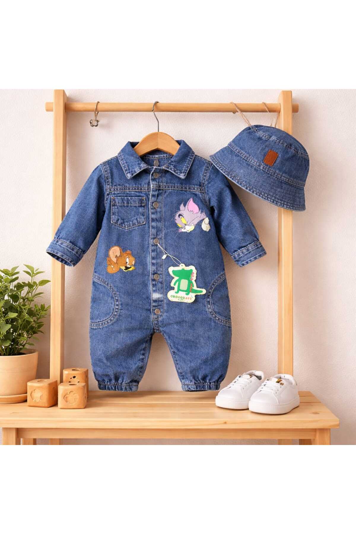 CROCODAYS Unisex Çocuk Bebek Kot (JEANS) Baskılı Şapkalı Tulum (3/6/9/12/18) Ay fotoğrafı 3 (önizleme)
