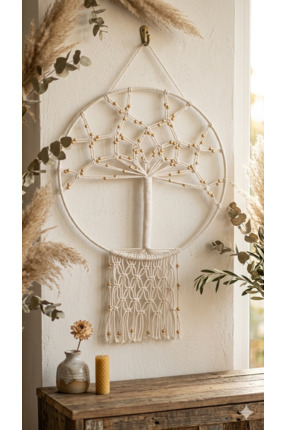 İLAYCA STORE El Yapımı Hayat Ağacı Kapı Süsü - Duvar Süsü – Makrome & Ahşap B...