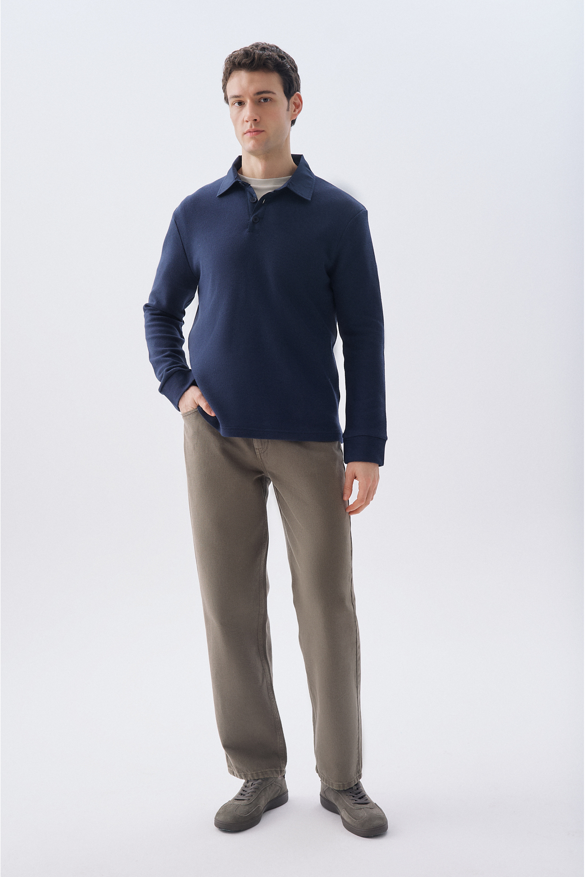 Mudo Erkek Lacivert Tekstürlü Polo Yaka Sweatshirt görsel 4