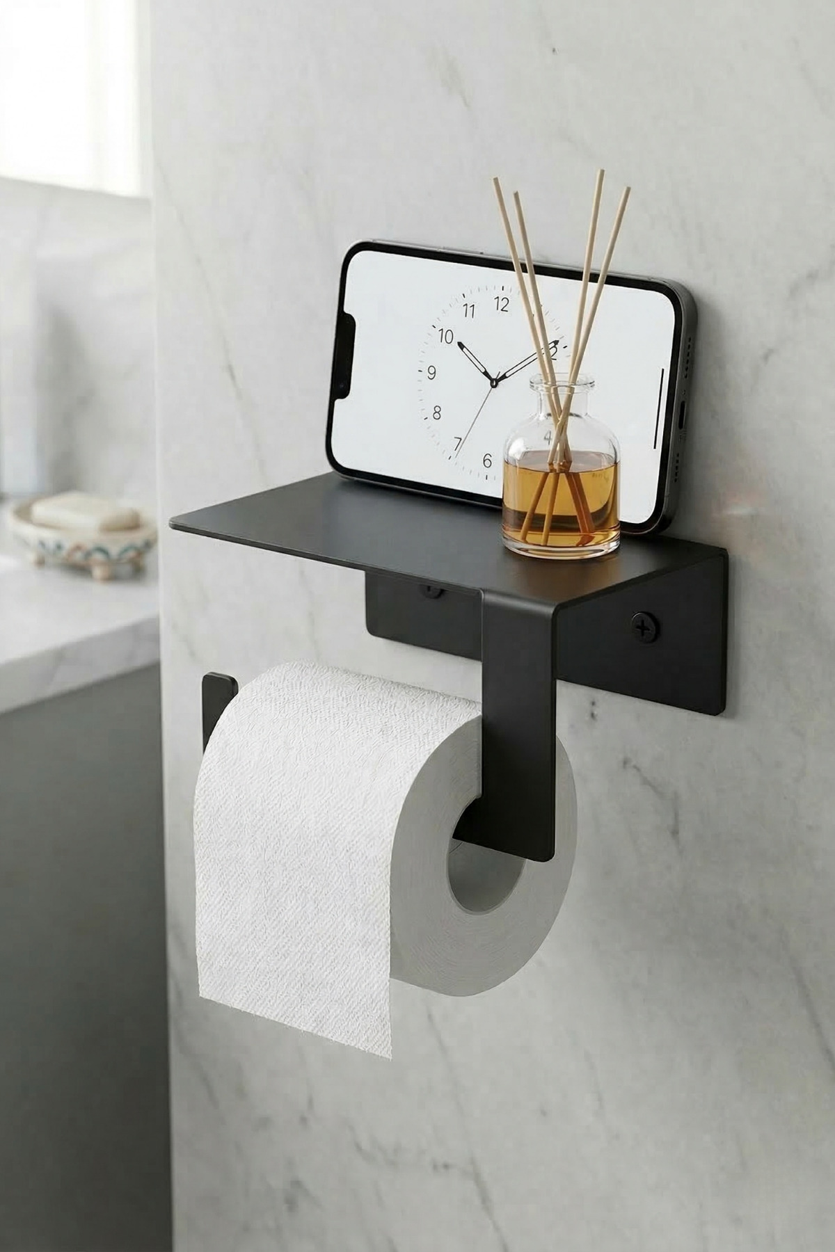 Toilet Paper Holder – Toilet Paper Holder with Black Metal Wall Stickable Phone Stand