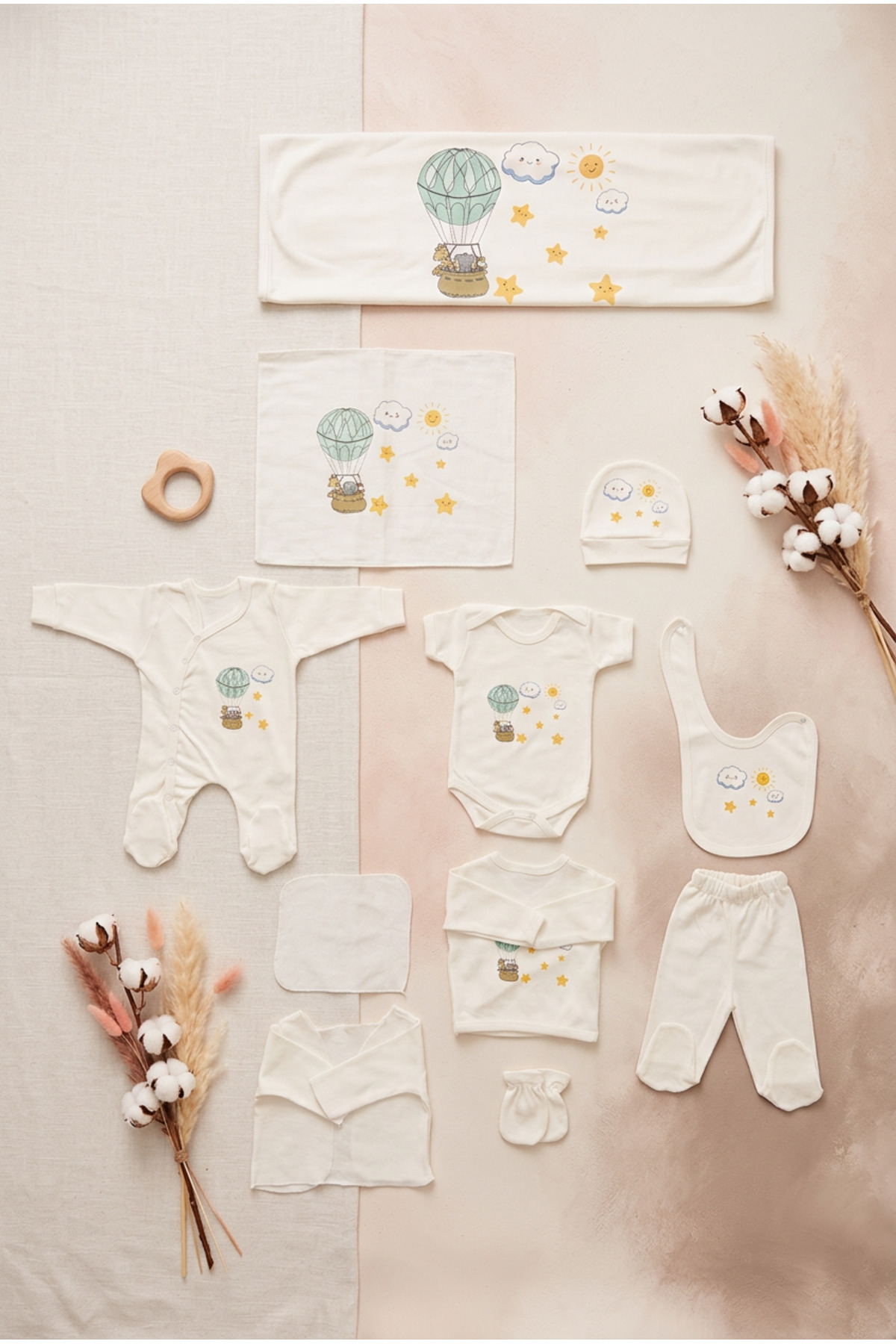 bebeqon 11 Parça Sevimli Balon ve Yıldız Baskılı Yenidoğan Hastane Çıkışı Seti %100 Pamuk Beyaz fotoğrafı 5 (önizleme)