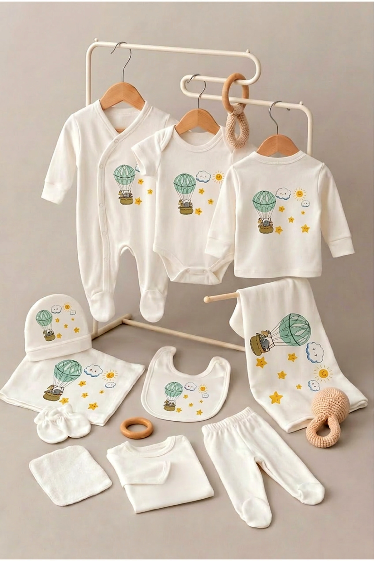 bebeqon 11 Parça Sevimli Balon ve Yıldız Baskılı Yenidoğan Hastane Çıkışı Seti %100 Pamuk Beyaz fotoğrafı 3 (önizleme)