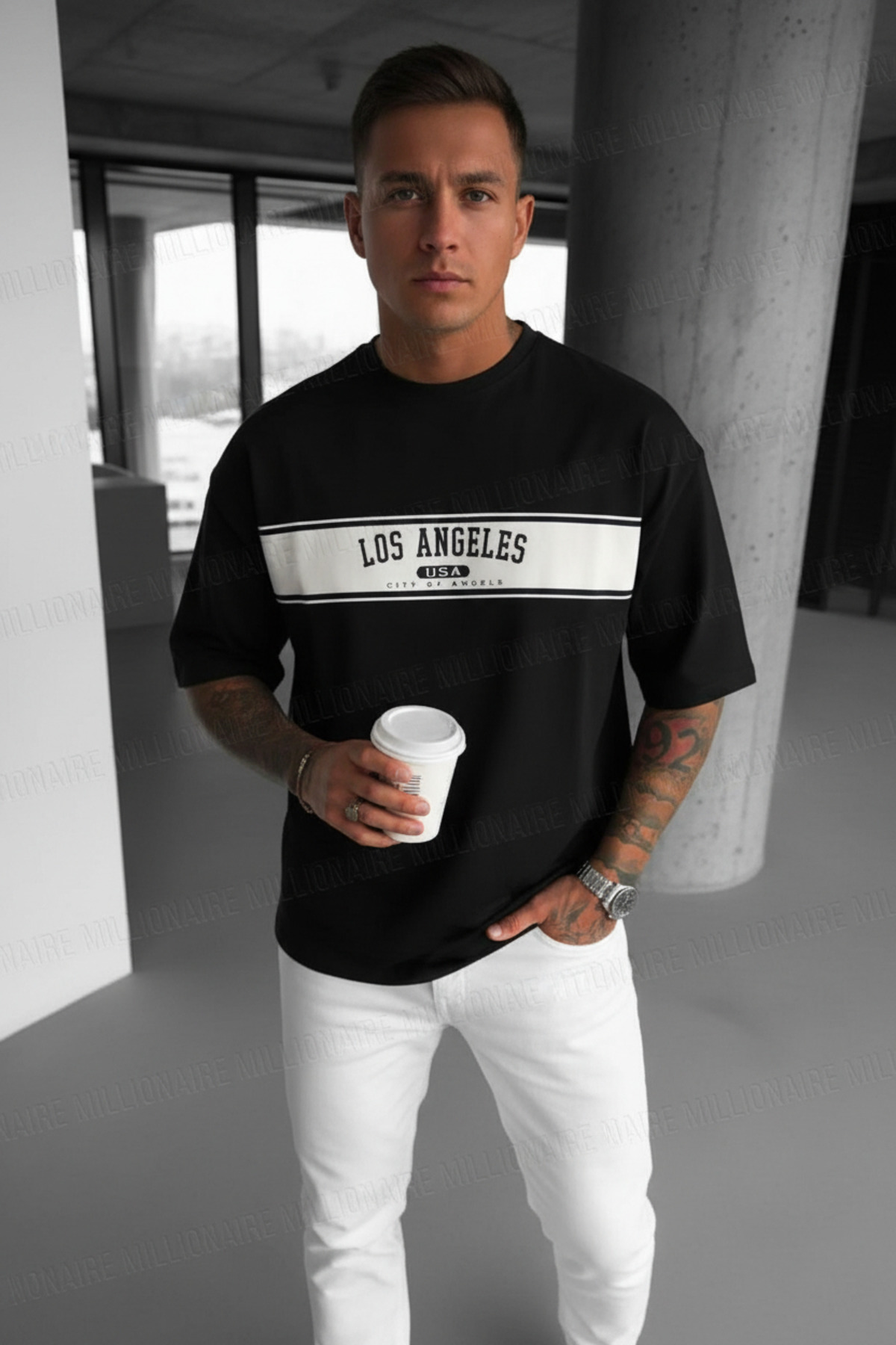 Millionaire Erkek Siyah City Of Angels Oversize Fit Bol Geniş Kalıp Salaş Kesim T-shirt görsel 2