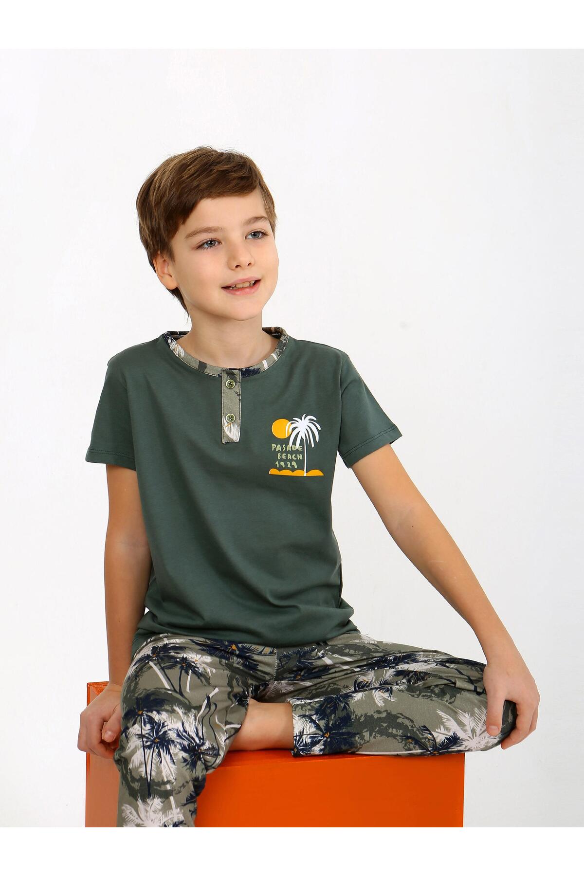 vitmo Erkek Çocuk Kısa Kollu Düğme Detaylı %100 Pamuklu Pijama Takımı The Palm fotoğrafı 5 (önizleme)