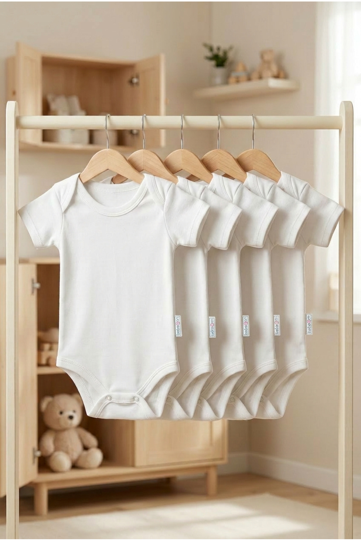 bebeqon Beyaz Kısa Kol Bebek Zıbın 5’li Paket Bisiklet Yaka Unisex Body Seti %100 Pamuk fotoğrafı 4 (önizleme)