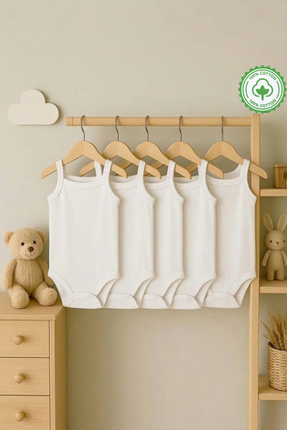 bebeqon %100 Pamuk Askılı Bebek Body 5’li Set Beyaz Çıtçıtlı Zıbın