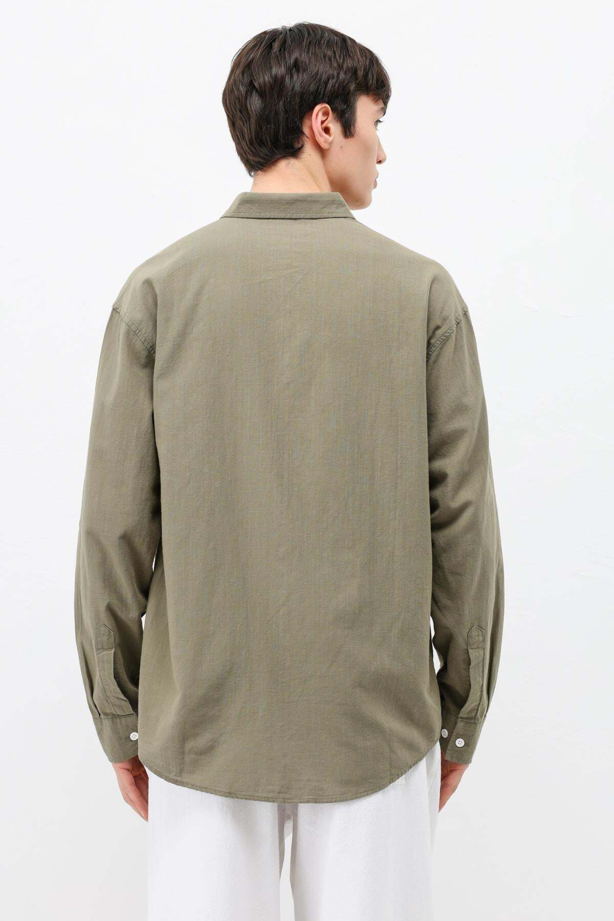 VAMOSCLO Basic Oversize Pamuk Keten Gömlek Haki görsel 6