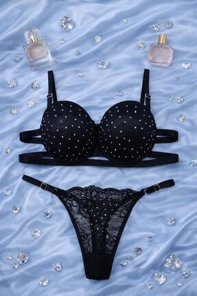 Luvia Lingerie iç giyim serpme taş detaylı siyah çamaşır takımı