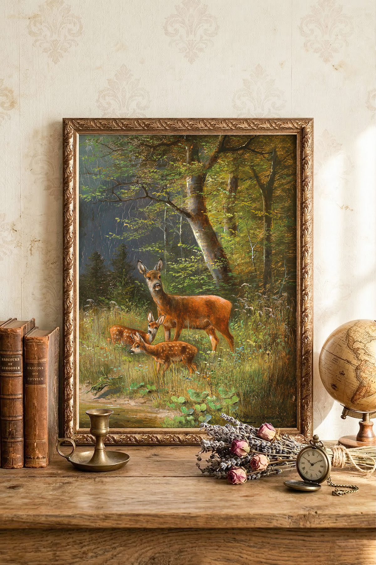 Red Deer Family - Vintage Patterned Frame