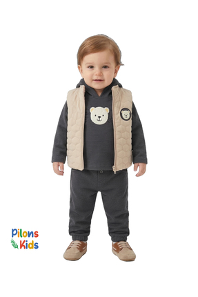 Pilons Kids Erkek Bebek Ayıcık Detaylı Takım - İçi Astarlı Kapitone Şişme Yel...