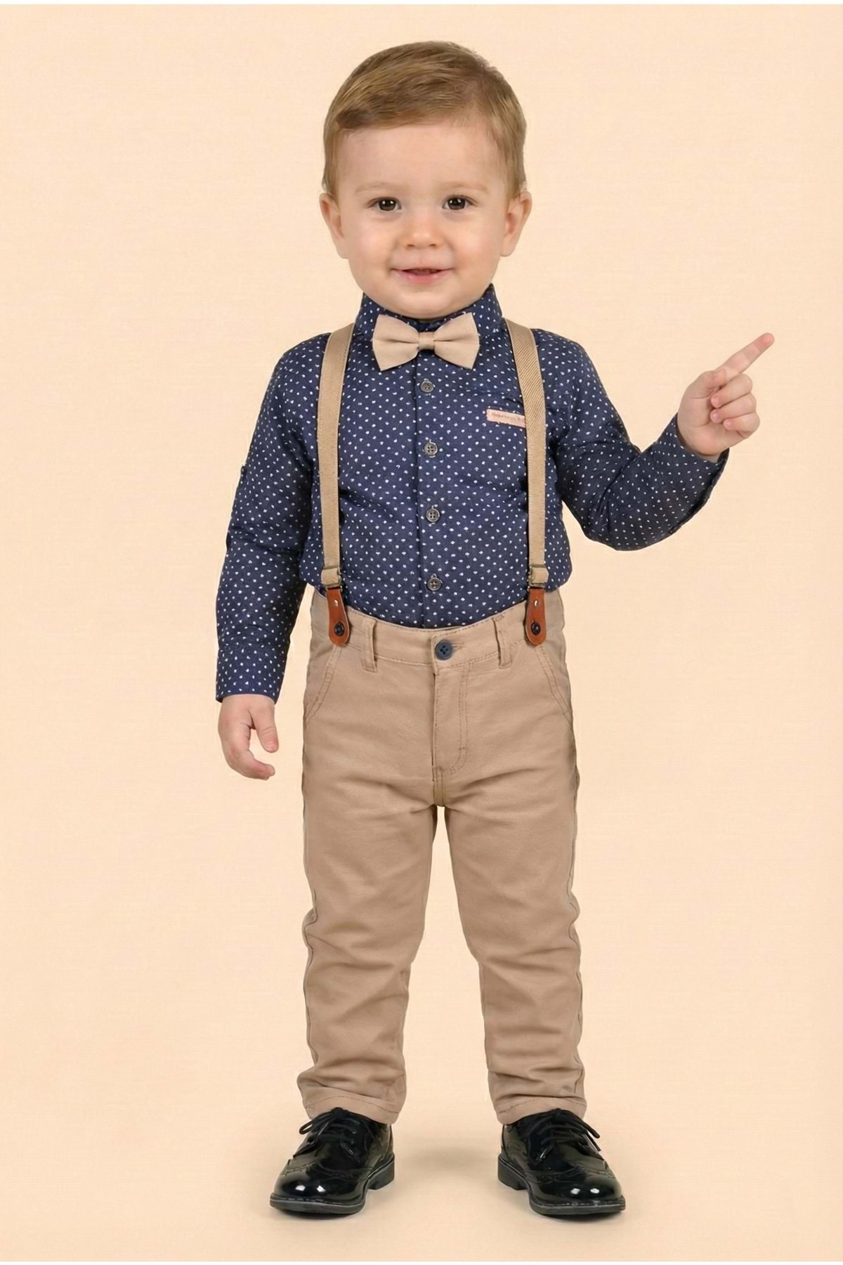 Mnk Baby&Kids Erkek Bebek Askı Papyon Gömlek Pantolon Takım M00785 LACİVERT fotoğrafı 2 (önizleme)