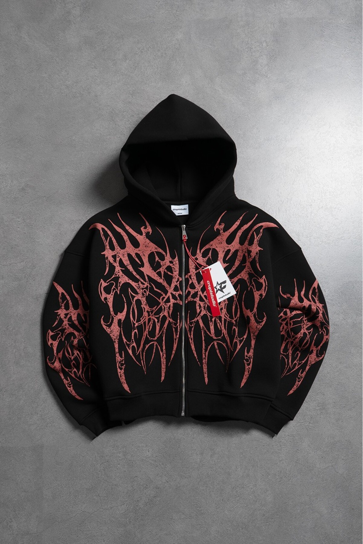 s*5様 G RAP!!MIND OF MISCHIEF/UNEXPECTED. Crupt Studio Inferno Spikes Red Boxy Crop Siyah Erkek Ceket Zip