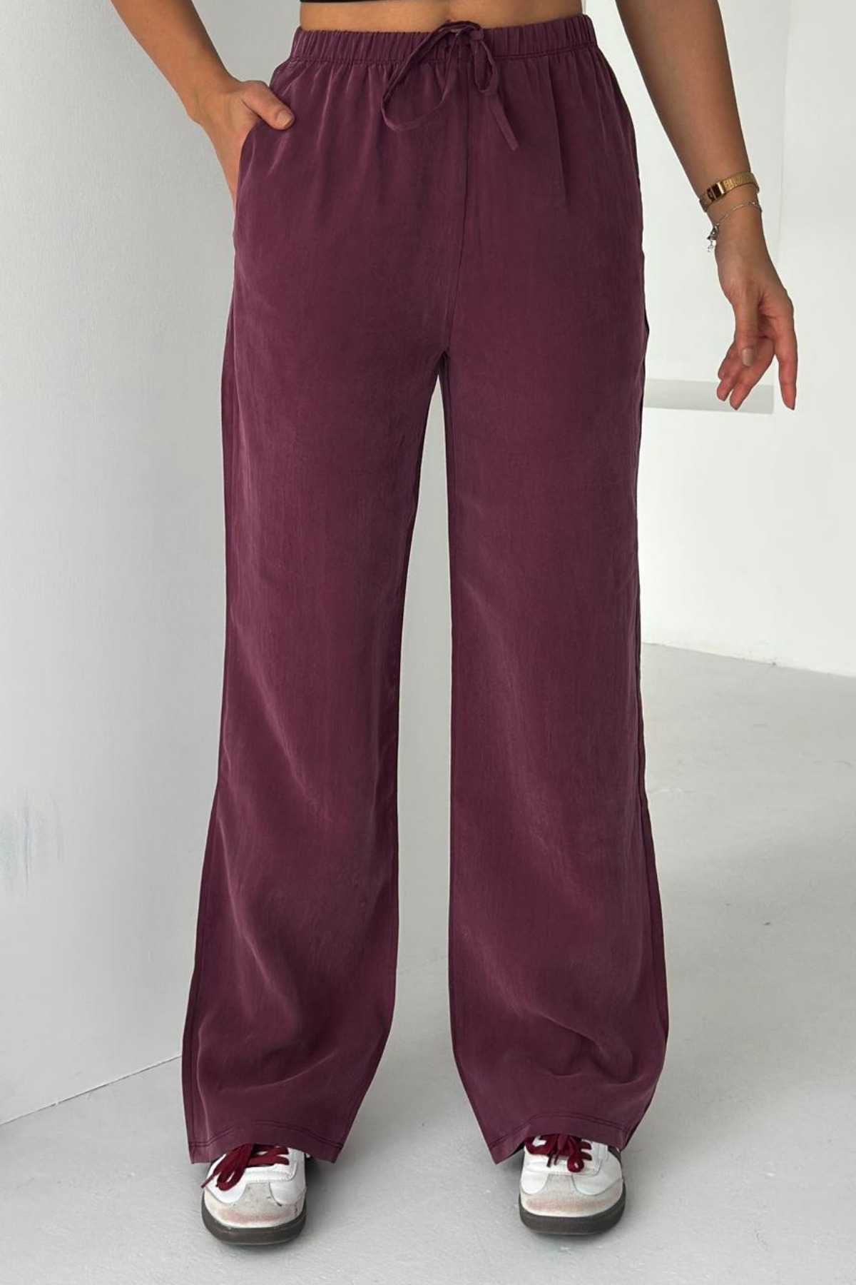 2008 Women's Palazzo Woven Tensl Trousers with Lace-Up Elastic Waist Wash